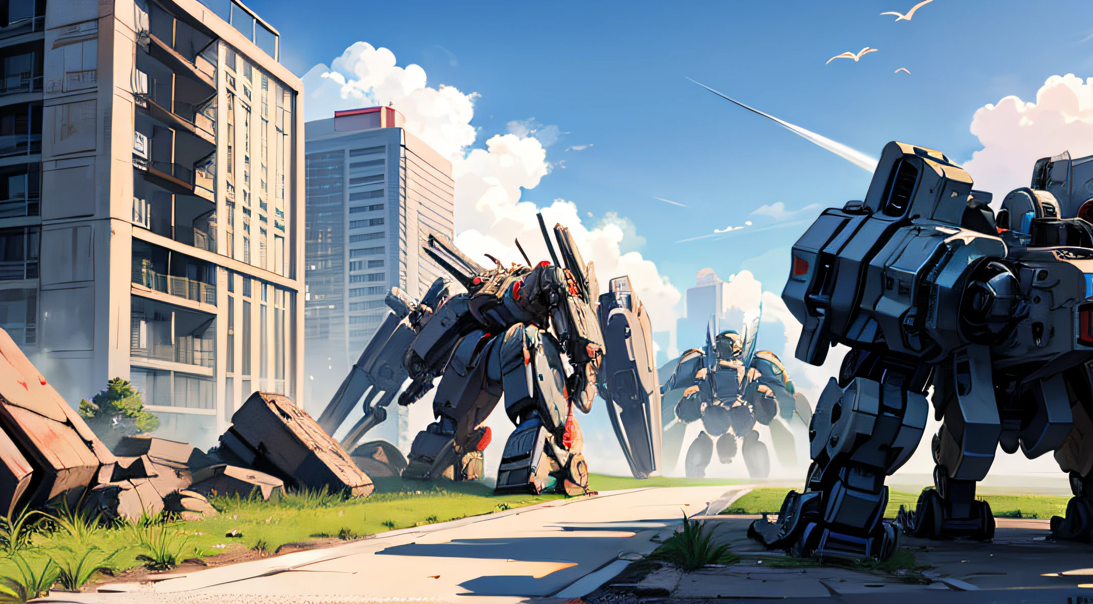 (scenery), (Outside the urban ruins),(Large number of mecha gathered to form an army)