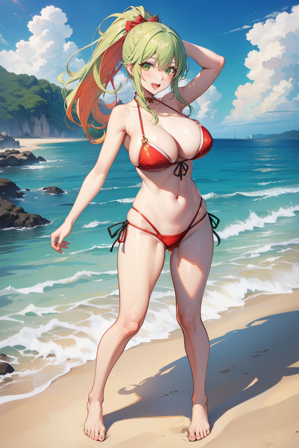 Yukana Yame, Yukana Yame, Long hair, Bangs, Blonde hair, hair between eye, (Green eyes:1.5), Ponytail, multicolored hair, makeup,B,Naughty big、large full breasts、BREAK looking at viewer, Full body,BREAK (masutepiece:1.2), Best Quality, High resolution, Unity 8k壁纸, (Illustration:0.8), (Beautiful detailed eyes:1.6), extra detailed face, Perfect Lighting, extremely details CG, (Perfect hands, Perfect Anatomy),Smile with open mouth、(the beach:1.3),  (Red bikini:1.3)、