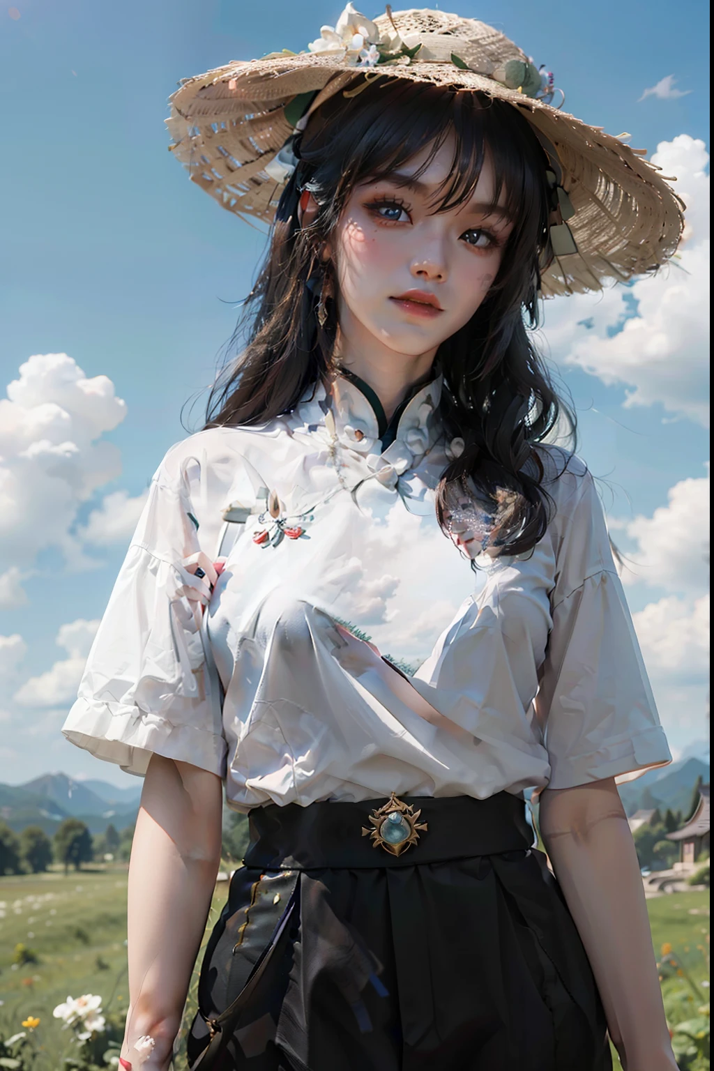 《genshin impact》hu tao, white backgrounid, leisure wear, Casual T-shirt, Cute pose, large grassland, Beautiful woman in a sun hat standing on the prairie, large clouds, blue-sky, lucca, ln the forest, hillside, secluded, tourist attraction, High definition details, hyper-detailing, Cinematic, ultra-realistic realism, softlighting, Deep field focus bokeh, Ray tracing and surrealism. --v6