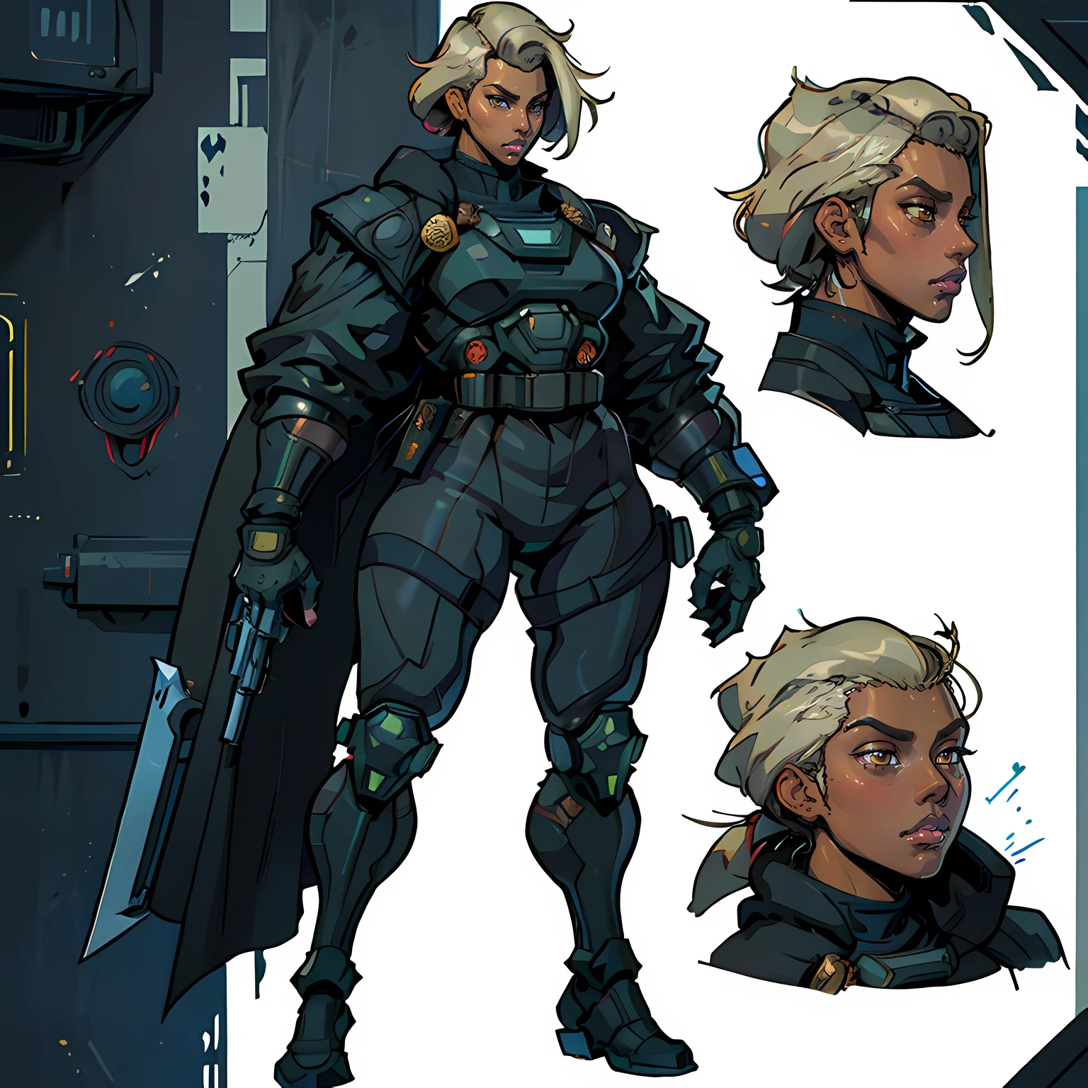 Masterpiece, High quality, ((character concept art)), ((character design sheet, same character))
a futuristic-looking female military commander, wearing a ((kevlar helmet)) and is dressed in ((dark suit)), holding weapon, holding gun, wearing epTactical, XCOM game inspired, XCOM character, ((wide hips)) tall, video game character design, accessories,
Expert high detail concept art, comic book style, intricate comic book outline line work, flat colors, concept art, solid background