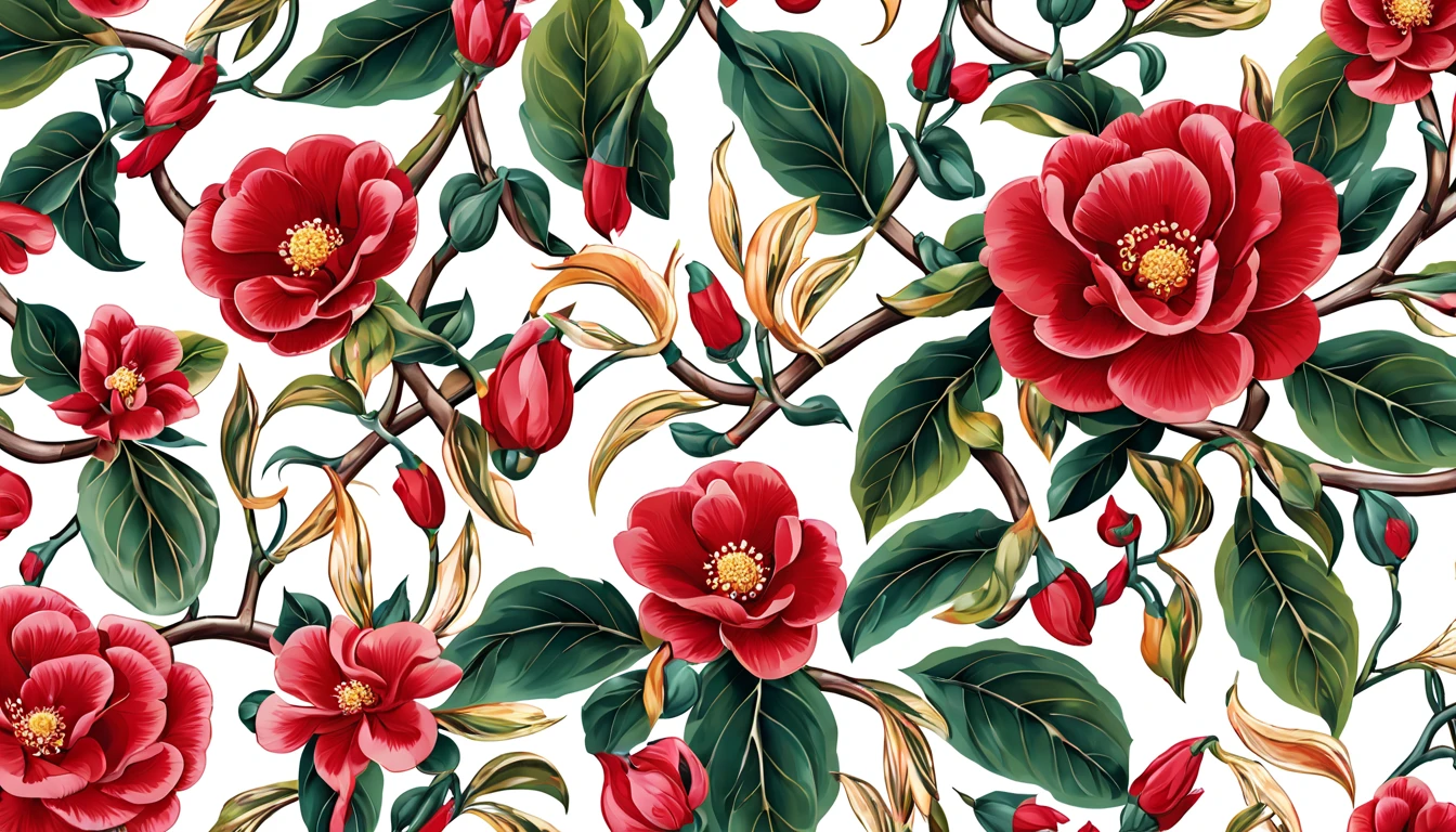 Robust essence of the Camellia flower — crisp camphor, rugged leather, and a touch of smoky gunmetal || (embroidery) seamless pattern, Best quality, masterpiece, ultra high res, (photo realistic:1.4), surrealism, dream-like, ((abstract art)), vector arts, ((white background)) a close up of a floral pattern on a white background, floral wallpaper, ornate floral, floral pattern, floral explosion, floral! intricate, floral flowers colorful, chinoiserie pattern, flowery wallpaper, floral renewal, with colorful flowers and plants, floral dream, garden flowers pattern, floral patterned skin, floral design, floral motives, boho floral vines