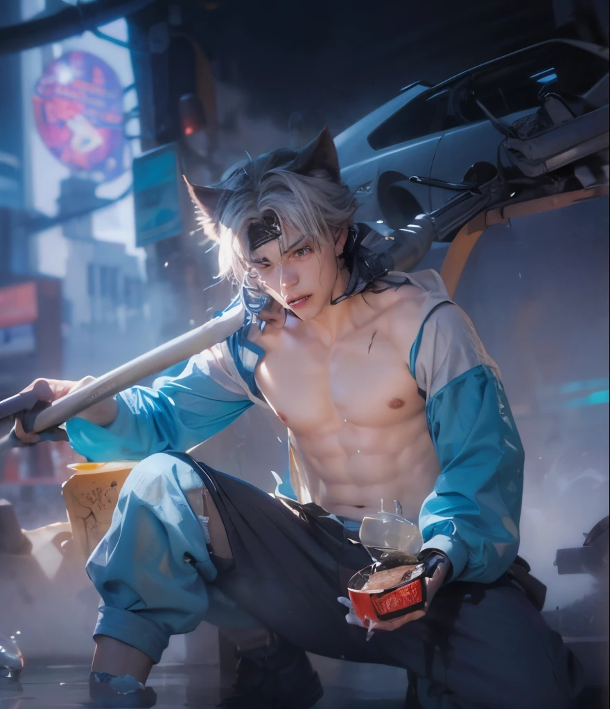 (max resolution: 1.2), (Ultra HDTV: 1.2), 8K resolution, Eye and skin details, detailed facial features, , (Sharp focus: 1, 2), ( Accurate focus) facial expressions: 1,2), 1 boy squatting, Perfect -19 years ol(White cat-eared hair), (Shirtless), Shirtless, Perfect muscles, 8 pack, (light sweat, white fluid, splashing all over the body), (Black briefs), Blue sky, Tree mortar, Transplant, ((Little drops of water on 8-pack abs)), (((water, water))), splashed all over his face, splashed all over his abs, splashed all over his body, his face turned red from embarrassment