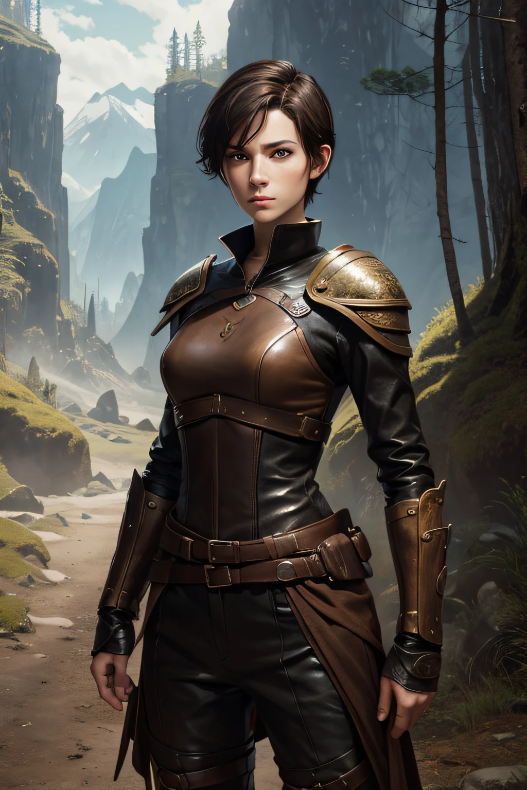 Fullbody Picture of a young female ranger. Very skinny. Fantasy style. Androgynous facial features. Soft facial features. Dark-brown hair. Very short hair. Manly haircut. Sidecut. A lot of freckles in the face. Upturned eyes. Long wide nose. Curved lips. Round face. Round chin. Soft chin. Very small breasts. Long thick legs. Long neck. Very pale skin. Looking friendly. Dark brown eyes. Wearing tight leather revealing leather armor. Background: Bright and colourful landscape with mountains and forests.