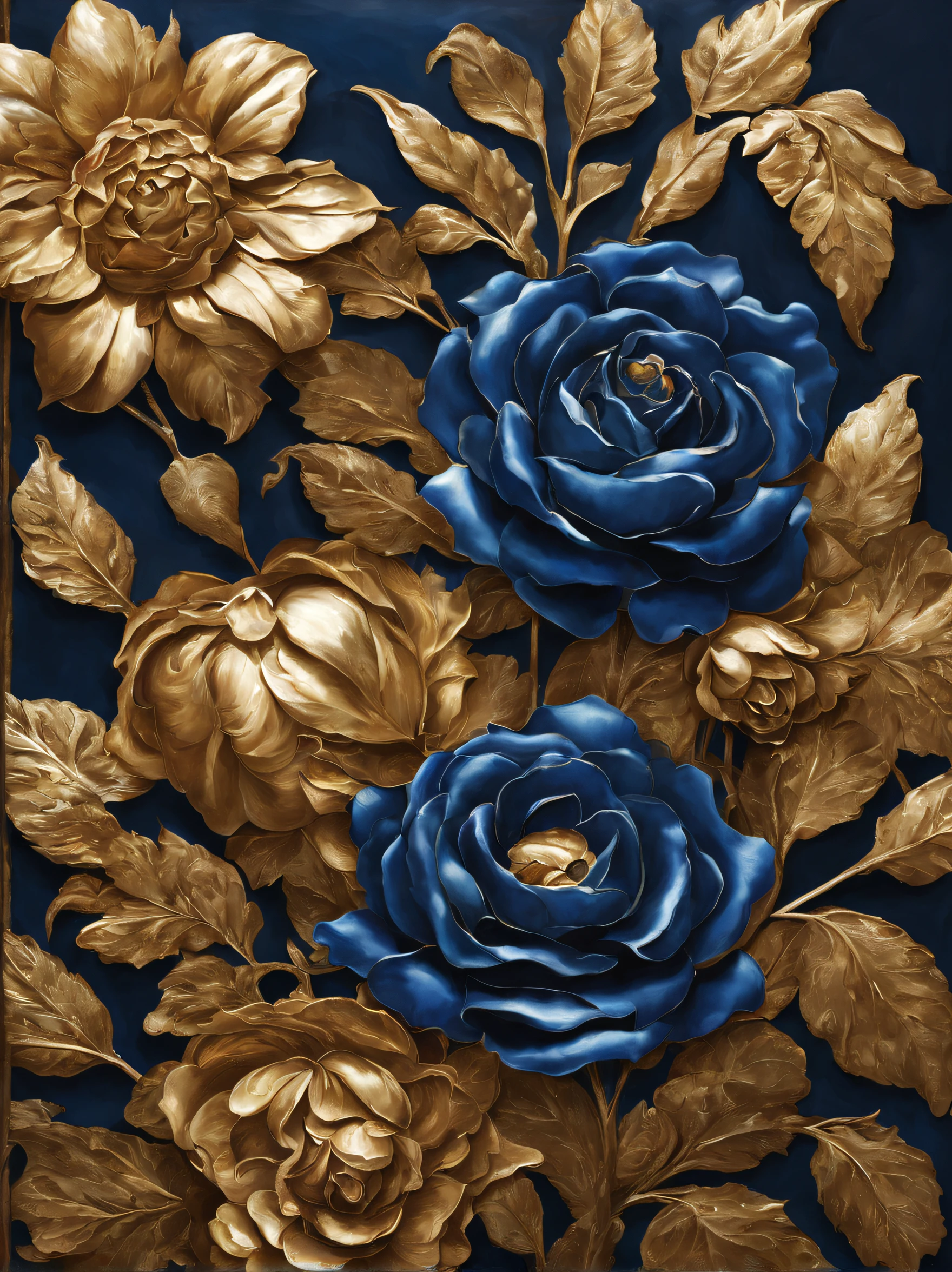 Creative advertising,Valentine's Day poster, (Close-up of many blue enchantress roses made of metal), Each metallic blue enchantress flower is carefully crafted,realistic shapes,petals cascading,Soft and textured。they are dark blue,like the night sky,like a deep ocean,With charming luster。gaps between petals,like a game of light,Flowing gold and silver leaves that capture light and shadow, gold flowers, helianthus flowers, golden rose, flowers and gold, (Gold-plated embossing: 1.5), Detailed flower, Gorgeous flowers, shell flower golden shell, intricate flowers, Messy golden leaf flowers, 4K detailed oil painting, Stunning and detailed, gilded. blossoms, Flower Baroque elements, Intricate oil painting,It is characterized by fine workmanship,Glossy and cool,Give a sense of nobility、mystical feeling。