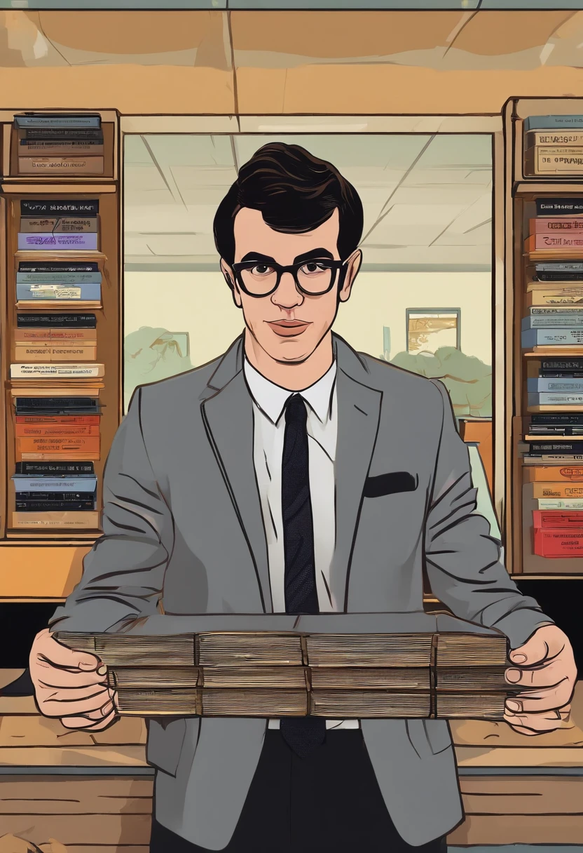 A photo of a quirky, vintage record store,original,In “Nathan for You,” Nathan Fielder portrays a character of the same name, marked by his plain, somewhat awkward appearance: often seen in a grey suit and tie, with his hair neatly combed and a pair of unremarkable glasses. This understated look complements his on-screen persona, which is characterized by a deadpan expression and a consistently serious demeanor, regardless of the comedic absurdity unfolding around him.