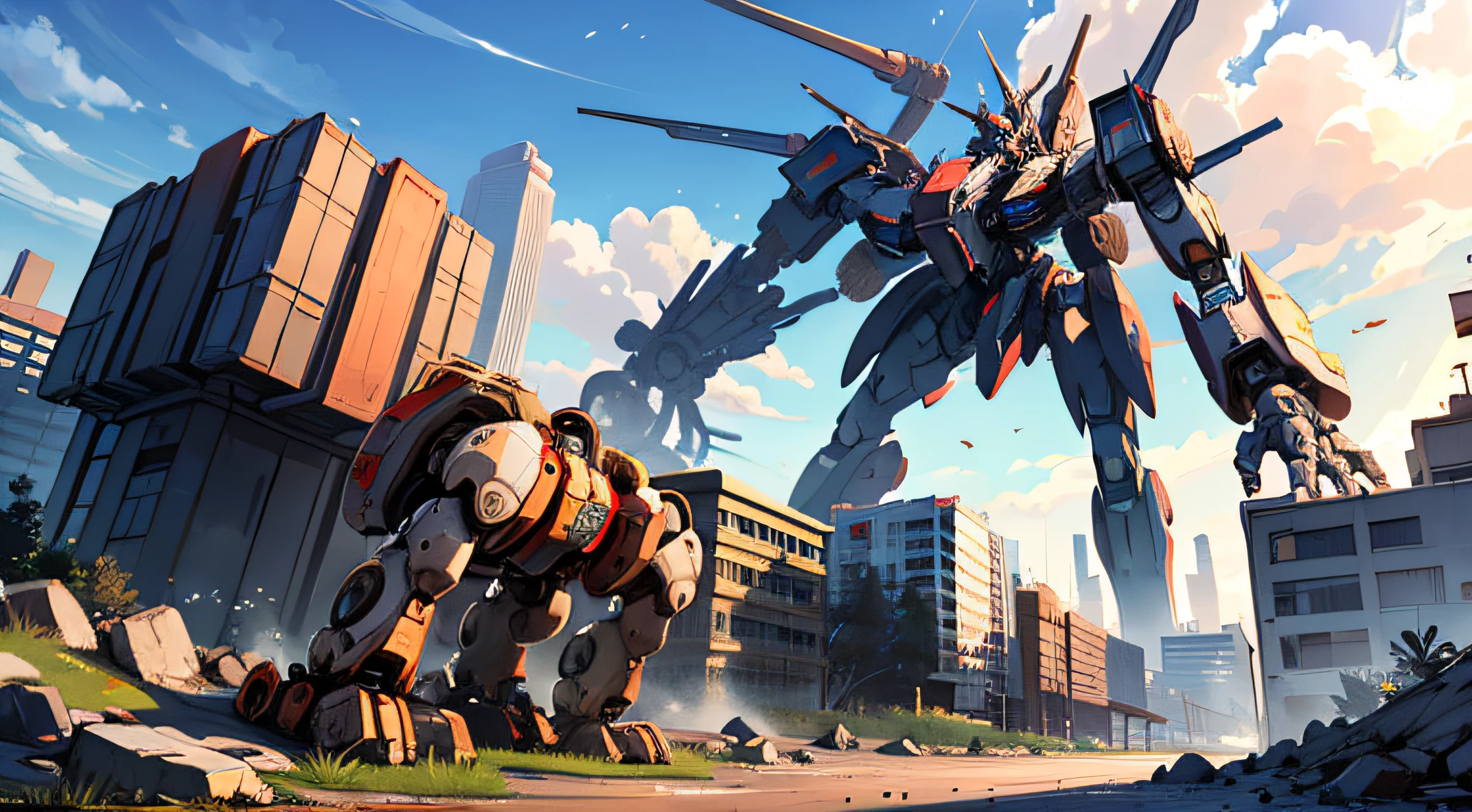 (scenery), (Outside the urban ruins),(Large number of mecha gathered to form an army)