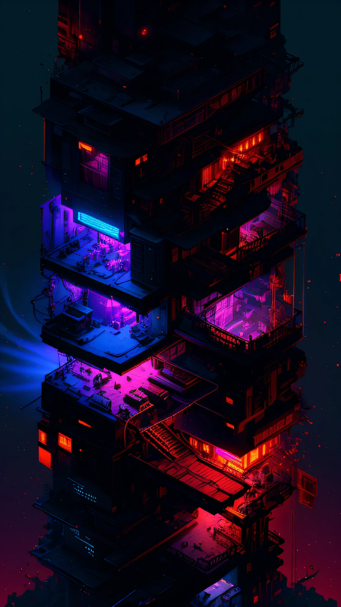 ((Best quality)), ((masterpiece)), (highly detailed:1.3), 3D,(Isometric:1.4),No Humans,StackedCityAI, Welcome to NeoCircuit, a sprawling megacity where neon-lit skyscrapers pierce the night sky and luminescent circuitry weaves through every facet of life. In this isometric cyberpunk metropolis, where reality intertwines with the digital realm, you find yourself at the heart of a thrilling conspiracy.As you navigate the dizzying streets, your eyes are drawn to the mesmerizing glow of the elevated data highways that crisscross the cityscape. Streams of vibrant light pulse with information, connecting the denizens of NeoCircuit to a world of limitless possibilities. The isometric view reveals the city's intricate layers, showcasing the bustling streets, towering arcologies, and clandestine alleyways that hide both secrets and opportunities.But within this neon-lit labyrinth, something sinister lurks in the shadows. The city's power brokers, elusive hackers, and corrupt corporations vie for control, employing advanced technology to manipulate the city's inhabitants. A powerful AI, known as the Oracle, pulls the strings from the depths of cyberspace, its true intentions veiled in enigma.You, an unlikely protagonist, possess unique skills that make you a target and a potential savior. Equipped with a cutting-edge neural implant and augmented reality interface, you possess the ability to unravel the city's mysteries and expose the truth behind NeoCircuit's dark underbelly. The isometric perspective captures the city's sprawling complexity, offering glimpses into hidden corners and secret hideouts, each holding clues to the grand puzzle that awaits.As you delve deeper into the neon-drenched underworld, you encounter a diverse cast of characters, each with their own motivations and agendas. Street-level hackers, rogue operatives, and enigmatic rebels become your allies and adversaries in this high-stakes game of survival. The isometric view allows you to strategize your every move, from navigating perilous rooftops to hacking into secure mainframes, as you gradually uncover a web of corruption that stretches far beyond what you initially imagined.Within the neon-infused cyberpunk tapestry of NeoCircuit, you will confront thrilling challenges and make choices that shape not only your own fate but also the destiny of the entire city. Will you expose the truth and ignite a revolution against the oppressors? Or succumb to the allure of power and become a puppet in the hands of those who manipulate the digital realm? The isometric view grants you a panoramic perspective, urging you to tread carefully as you decide which path to embrace,HDR (High Dynamic Range),Ray Tracing,NVIDIA RTX,Super-Resolution,Unreal 5,Subsurface scattering,PBR Texturing,Post-processing,Anisotropic Filtering,Depth-of-field,Maximum clarity and sharpness,Multi-layered textures,Albedo and Specular maps,Surface shading,Accurate simulation of light-material interaction,Perfect proportions,Octane Render,Two-tone lighting,Low ISO,White balance,Rule of thirds,Wide aperature,8K RAW,Efficient Sub-Pixel,sub-pixel convolution,luminescent particles