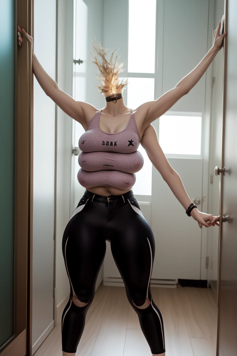 high deff faces,1body, feminine face, very pale white skin, no body hair, no facial hair, round face, face like meryl streep, large brown eyes,smiling, detailed eyes, thin pink lips, , brunette, ponytail hair, big wide shoulders, toned arms,very fit, tank top, exposed shoulders, huge breasts,looking ahead, 20 years old, wide hips, ripped shimmer shorts, large butt, wide hips,super thick thighs,, photography, realistic,((((big bulge in pants)))), multiple breast, extra breast, six armed, six arms different positions, flexing,micromastia, extra legs, three legged , one body