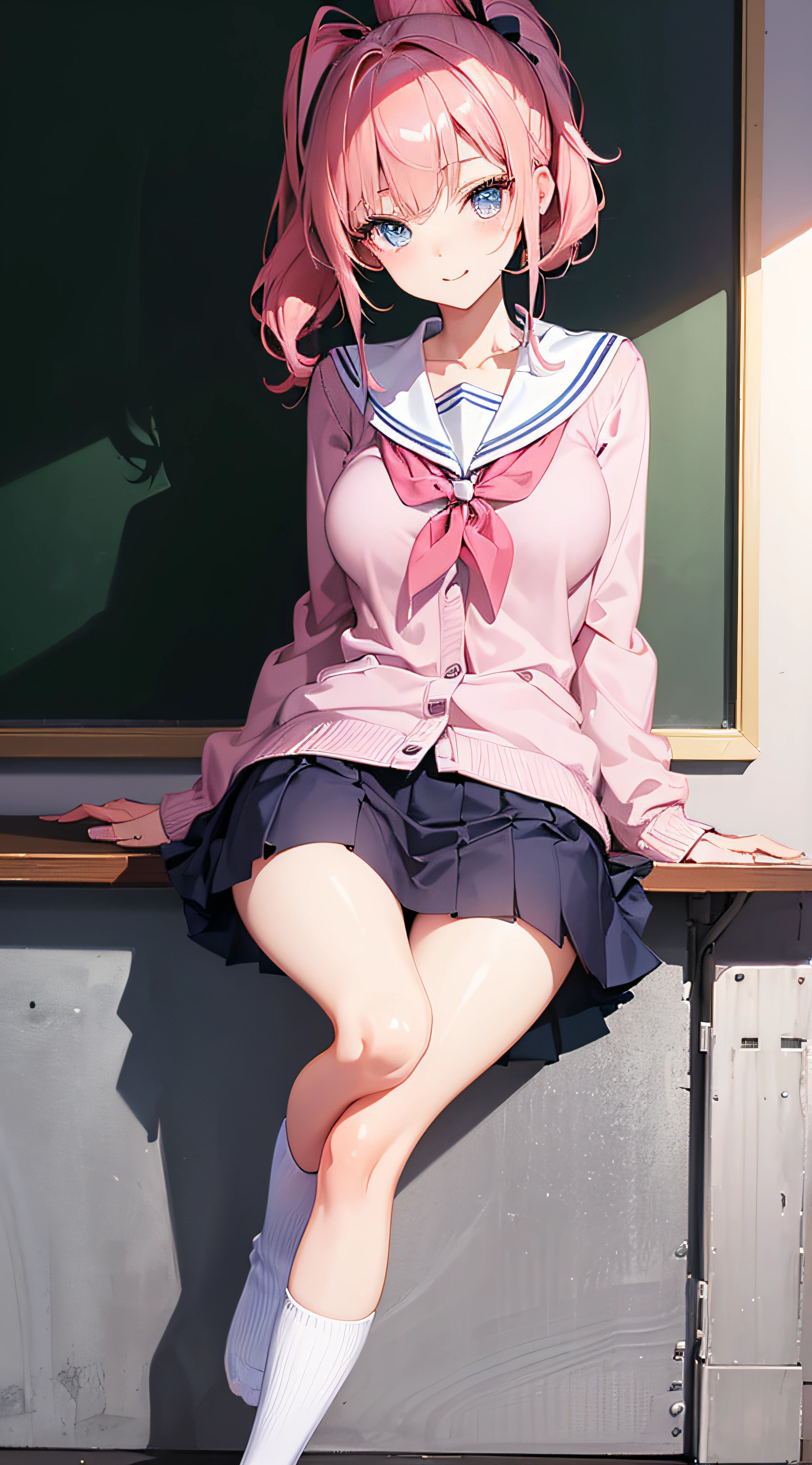 Anime girl sitting on a window ledge in front of a chalkboard - SeaArt AI