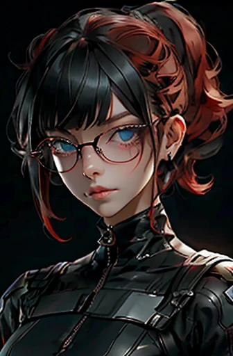 1nerdy girl with glasses, 28yo, Pia bangs hairstyle, (fringe cut bangs hairstyle), (The forehead is hidden by bangs), (((red hair))), ((boyish)), ((pony tail)), asymmetrical hair, (((black-rimmed round glasses))), ((beautifully detailed face)), long eyelashes, (Beautiful detailed eyes), (sharp eyes), Bright pupils, (Blue eyes), Fine eye makeup, (evil Smile), ((black frame glasses)), cyberpunk style, long black open jacket, street fashion, sport pants, (Solo), (Suggestive Pose), (cinematic angle), Full Body Shot, perfect anatomy, slender, small bust, cleavage, abs, (thin waist), muscular body, collarbone, (high detailed skin), ((top-quality)), ((High Definition)), ((beautiful detailed)), high quality shadow, Rule of thirds, mostly cloudy sky, ((official art)), anatomically correct, (((Best Quality))), (((masterpiece))), (((Super Detail)))