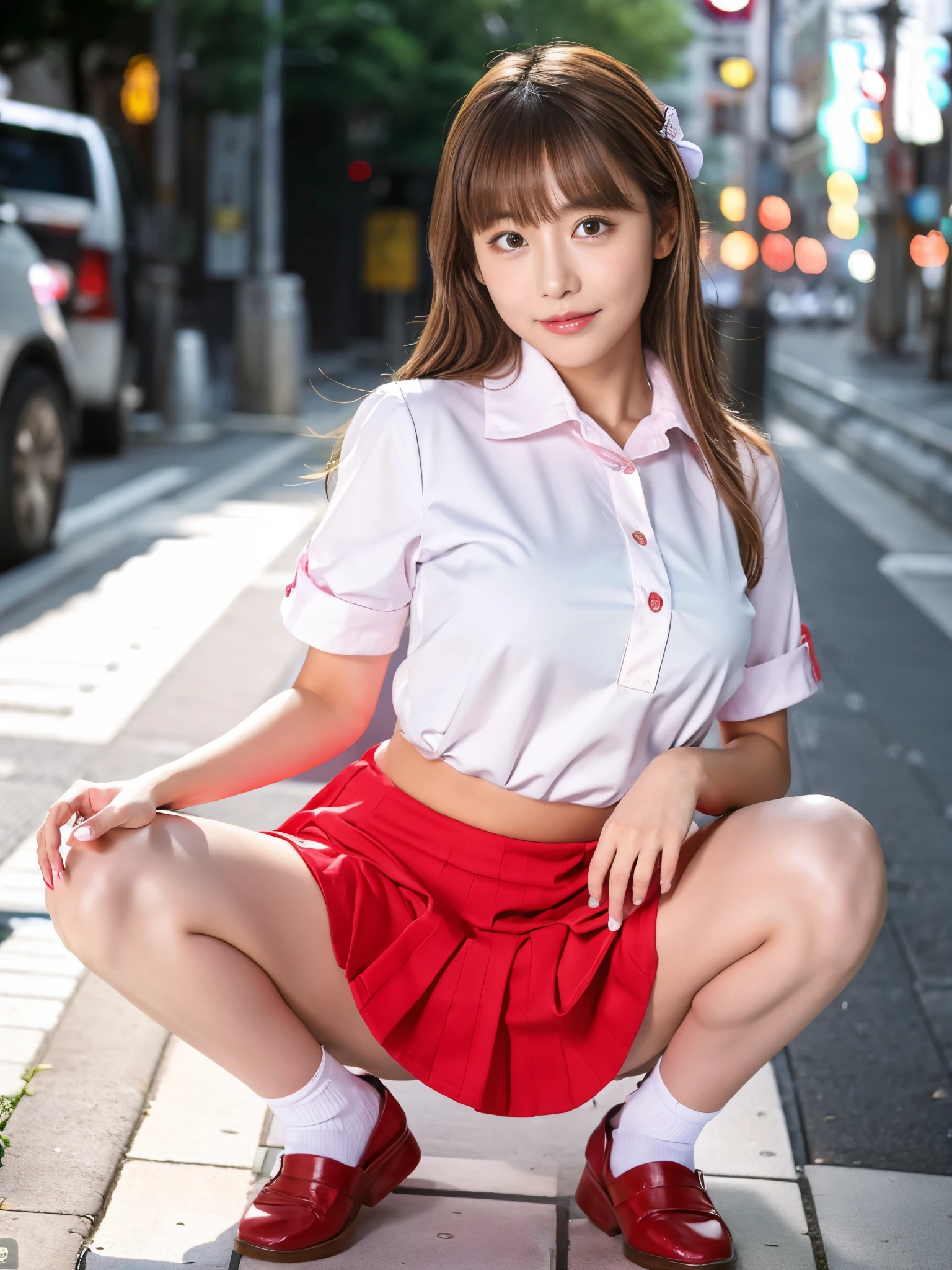 Raw photo、masutepiece、32K、8K、A high school girl wearing a white shirt and a miniskirt 10 centimeters below her waist squats on the sidewalk..., Realistic Young Gravure Idol, oppai, Red underwear、goddess of Japan, a hyperrealistic schoolgirl, Realistic sensual gravure idol, Young Sensual Gravure Idol, sophisticated gravure idol, a hyperrealistic schoolgirl, Young Pretty Gravure Idol, sakimichan hdri, Japanese Models