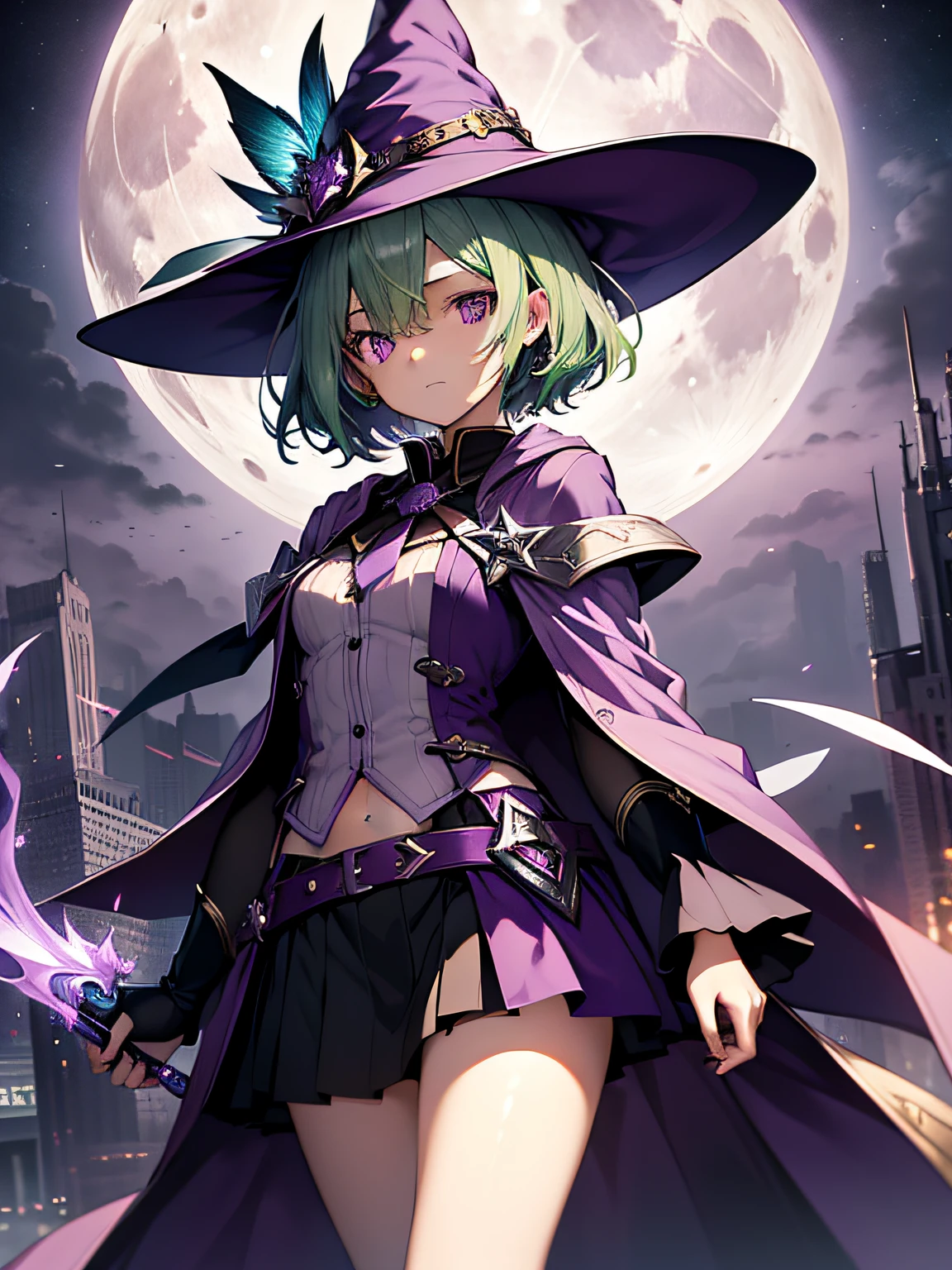 top-quality、extremely delicate and beautiful、(A teenage girl)、Purple Eye、Green hair、short-haired、(purple witch hat)、Purple tie、Soio、(shortsleeves)、Purple miniskirt、Purple Wizard Robe、Navel、is standing、Facing the front、Full moon night on background