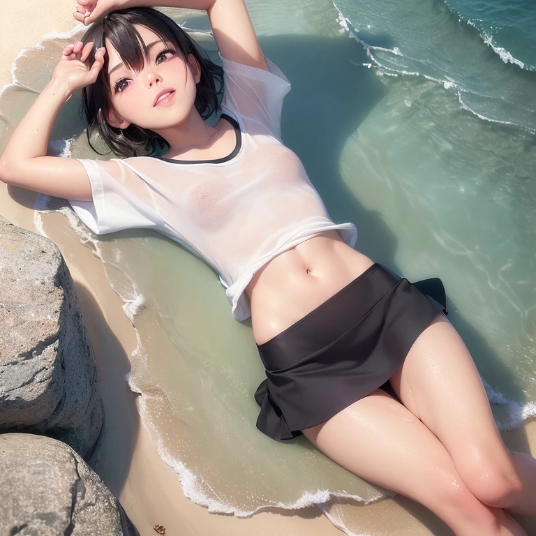 {(masutepiece) (8K High Resolution) (top-quality) (ultra-definition) (A hyper-realistic) (a beauty girl) (Raw photography) (Photorealsitic) (The most beautiful face) (perfect bodies) (Five Fingers) (9th class) (18year old) (large full breasts) (one girls) (Pink short hair) (Body and face without defects)} { (Perfect round face) (Perfect high nose) (Perfect big eyes) (Beautiful double eyelids) (Looking at the camera)(the perfect body)(Ecstatic look)(red blush)} (beach on beach) (((No Underwear))) (Hot midsummer day) (Facing the front) ((Open your legs、Hold your thighs with both hands)) ((Sleeping face up)) (((Clothes soaked in water))) (Beautiful wet skin) ((A smile)) (((Wearing a small white t-shirt))) (((Wearing a black super miniskirt))) (((best angle)))