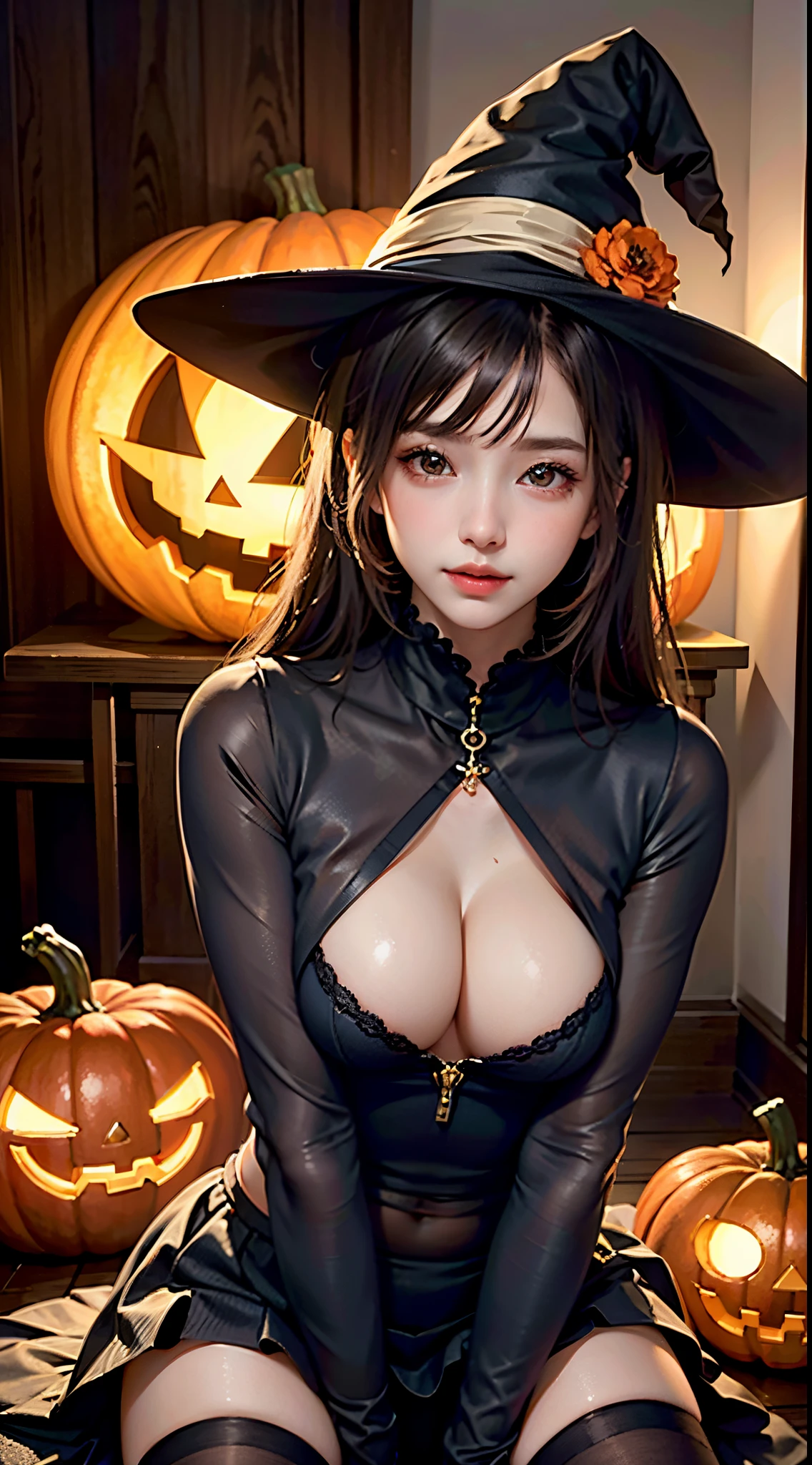 1 beautiful young girl, Super beautiful detailed face, smile shyly, (Beautiful small breasts), witch’s costumes:1.37, Orange ruffled mini skirt, witch’s Hat, semi-long hair, (Fine face:1.2), High quality, Realistic, extremely detailed CG unified 8k wallpaper, highly detailed, High-definition raw color photos, professional photography, Realistic portrait, Cinematic Light, Beautiful detailed, Super Detail, high details, Art, (((Bokeh))), depth of fields, illumination, Neon Street, Super stylish lighting, halloween night, Putting a pumpkin in the palm of your hand, pumpkin lantern:1.3, Straddling a witch's broom