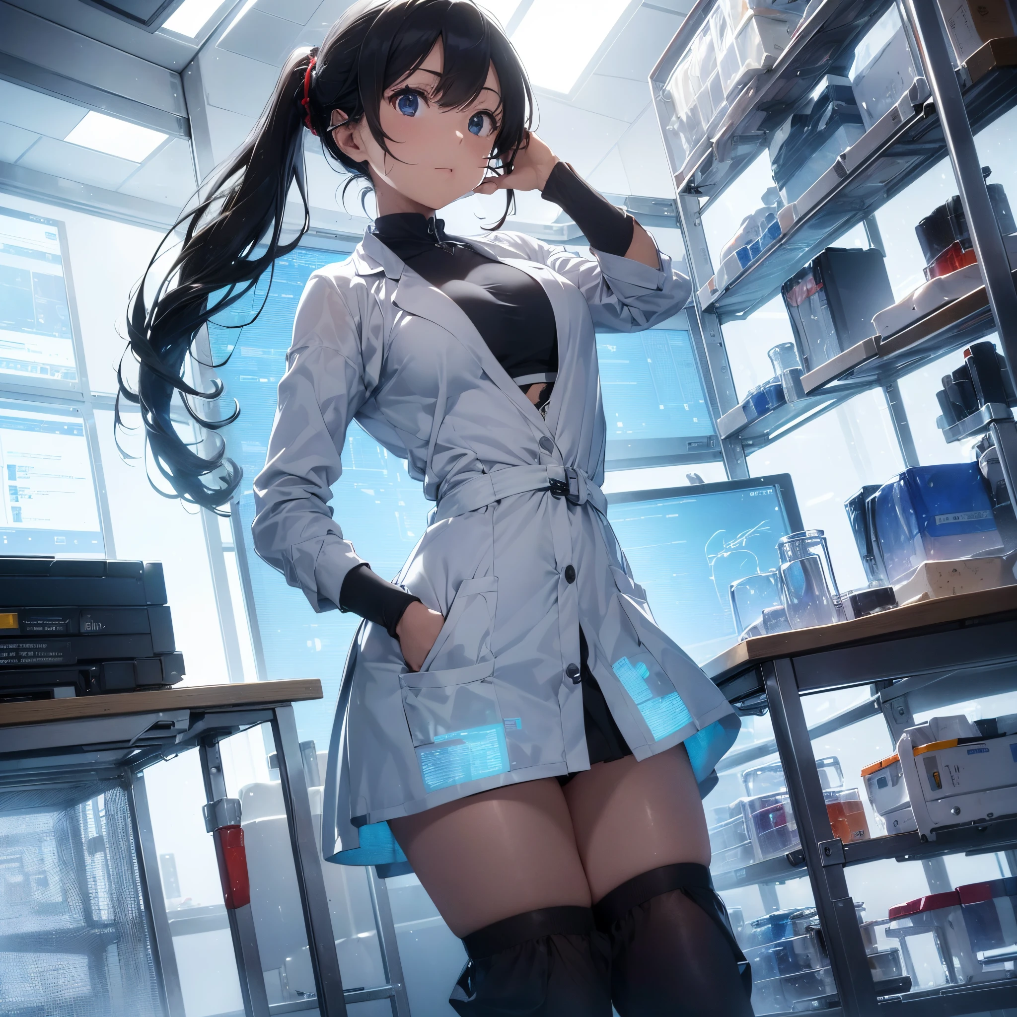 (Beautuful Women, labo, biotechnology research, genome sequencing, advanced technique:1.1), (Futuristic, scientific fiction:1.2), (computer generated, Digital Rendering), (Bright, sterile environment), (container containing liquid, High-tech equipment), (microscope, DNA base sequencing device), (Intense laboratory lighting), (Scientific precision), (Complex genetic structure), (Vibrant, Futuristic colors), (detailed facial features), (modern laboratory equipment), (laboratory assistant), (State-of-the-art research facility), (Advanced genetic engineering technology), (Cutting-edge technology), (hight resolution, 3D Visuals), (Life Sciences Innovation), (Attention to detail), (Subtle scientific symbolism), (Dynamic perspective), (sleek, Modern architecture), (Breakthroughs in bioengineering), (Pioneering scientific discoveries), (Genetic manipulation), (interesting science experiment), (Accuracy of every action), (Biosafety Protocols), (biomedical innovation), (Scientific Collaboration), (Unraveling the mysteries of DNA), (revolutionary advances in genetics), (The intersection of beauty and science), (Convergence of art and technology),