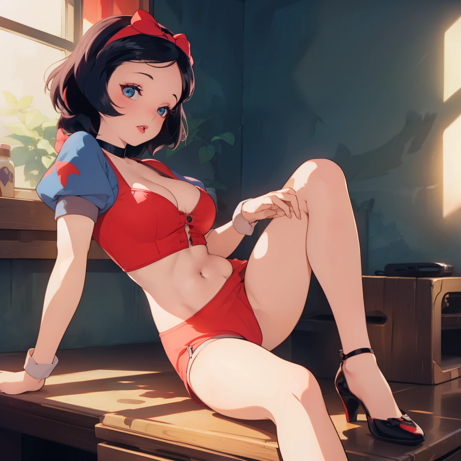 (risograph)  (masterpiece, best quality) ( 1girl, solo ) snow white, (cleavage) (perfect legs) (white panties) (open legs) modern disney style, cartoon style, red bow, blue eyes, short black hair, sitting on a window sill with a black bra and cuffs, wrapped in leather straps, leather cuffs around wrists, shibari, restrained, harnesses and garters, handcuffed, handcuffs,  dominant pose, sexy dominant pose, chained