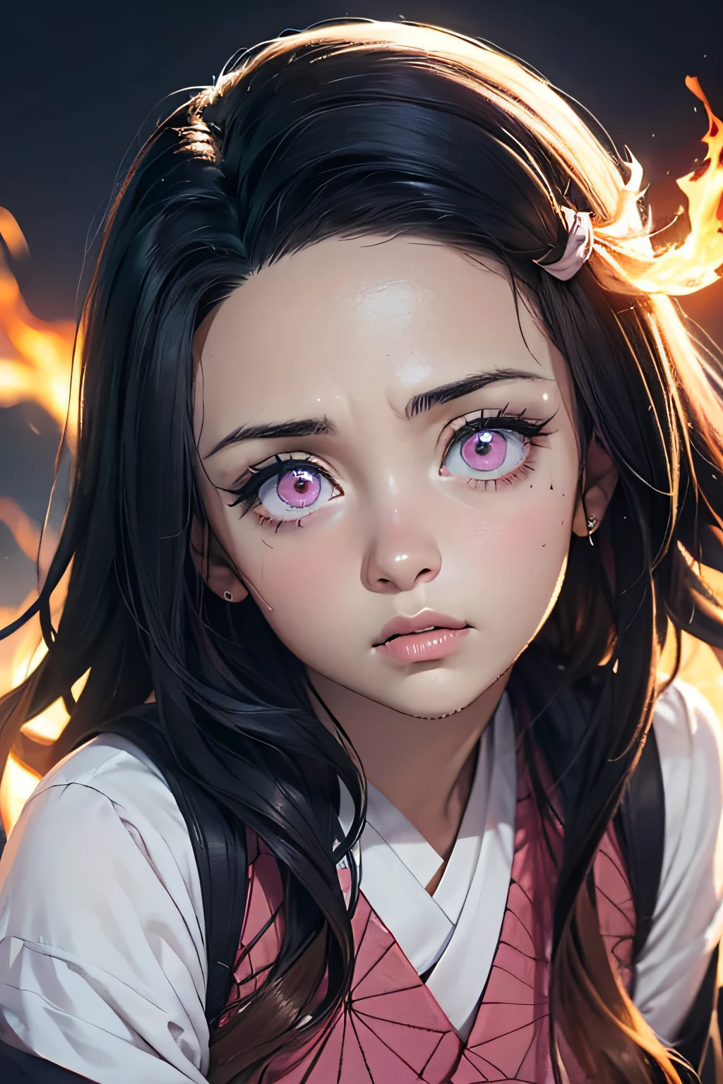 (Ultra Real), (Illustration), (High Resolution), (8K), (Very Detailed), (Best Illustration), (Beautiful Detailed Eyes), (Best Quality), (Ultra Detailed), (Masterpiece), (Wallpaper), (Detailed Face), Night Up Upper Body, ,Long Hair,Solo,Simple Kimono Top Girl, Sweaty, Japan Person, Big Tits, (fire) Nezuko Kamado,