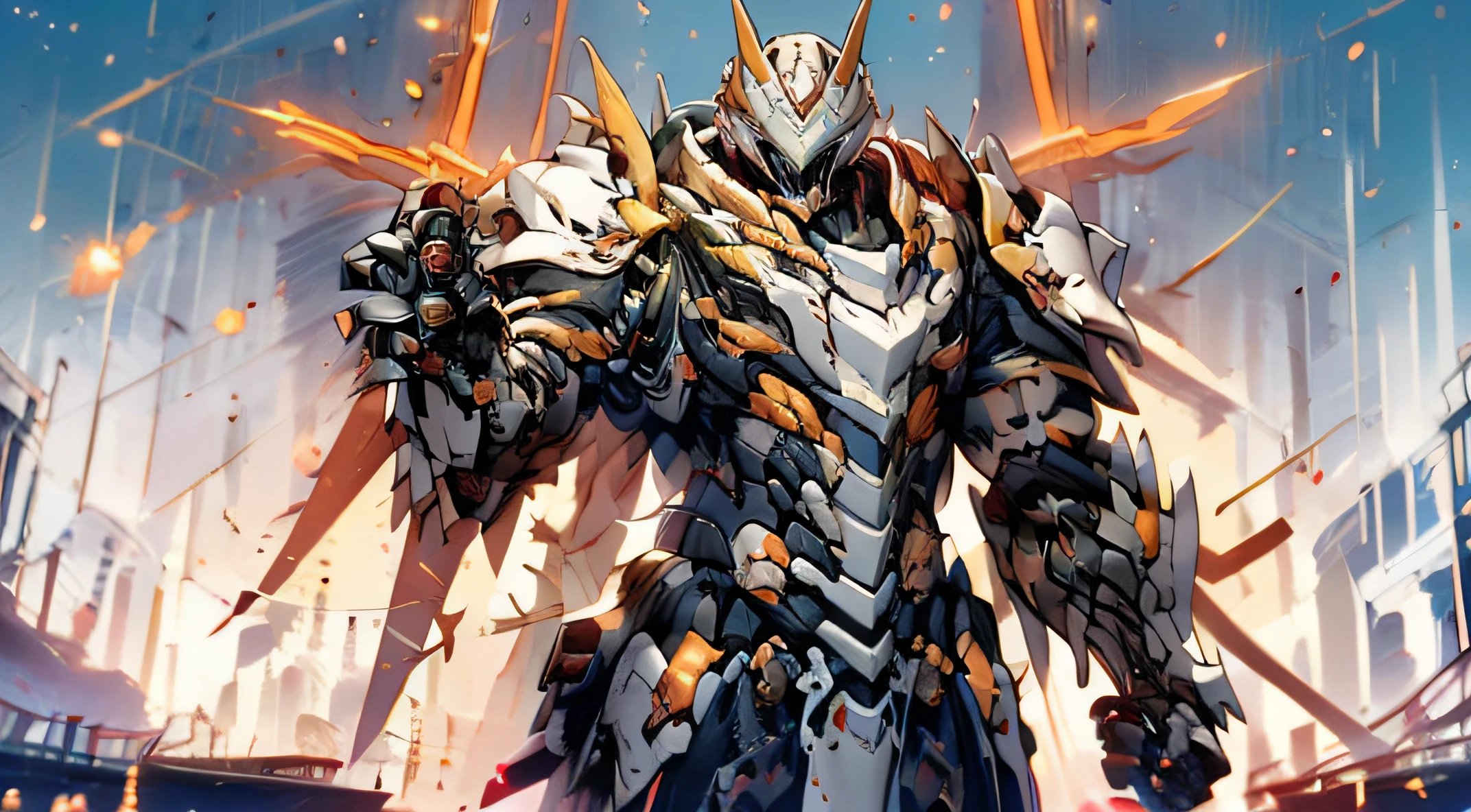 (The character is a young man, short silver hair, wearing golden armor with an energy core in the chest), (the armor has many layers, the body is clearly visible),