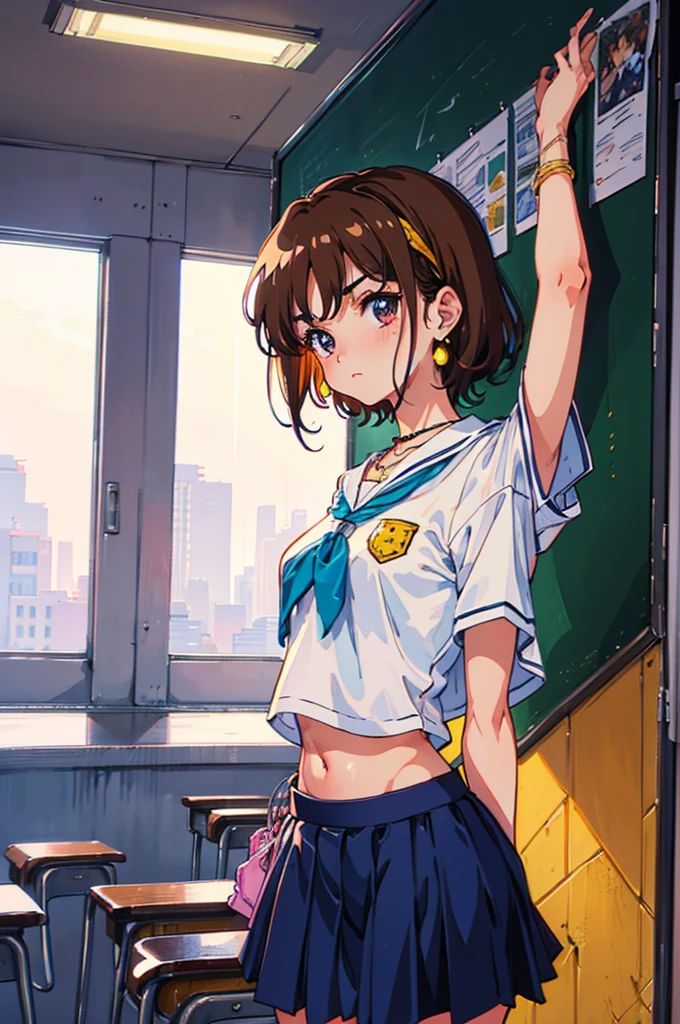 "(masterpiece:1.1), best quality, NSFW,
1girl, gyaru, (80s anime style:1.4),
brown hair,
(bangs:1.1), (short hair, wavy hair:1.1),
brown eyes, (thick eyebrows:1.1),
(slim body:1.2), (medium breasts:1.1),
(expressionless:1.2),
(school uniform, skirt, midriff peek:1.1),
fur, knee socks, accessories, earrings, necklace, headband,
standing, arms behind back,
upper body,
(daytime, classroom:1.2)"