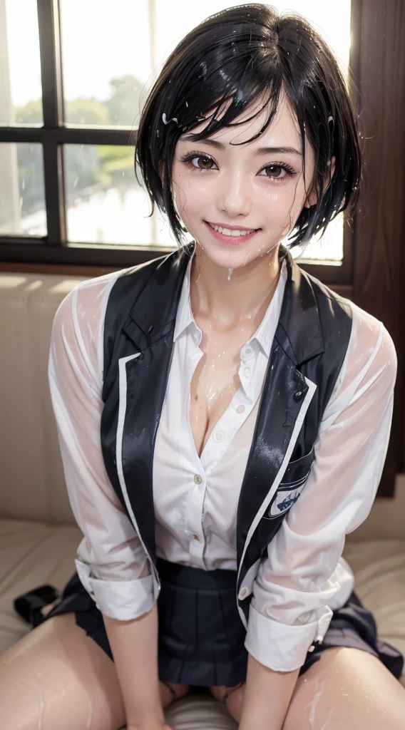 top-quality、masutepiece、超A high resolution)、、(Looking at the camera、Kamimei、a smile:1.2)、((Semen、a wet body:1.2))、hotel、hi-school girl、A dark-haired、short-hair、kawaii faces、Beautiful eyes、(high-school uniform、blazers、shirt、skirt by the、Black Knee High Socks)