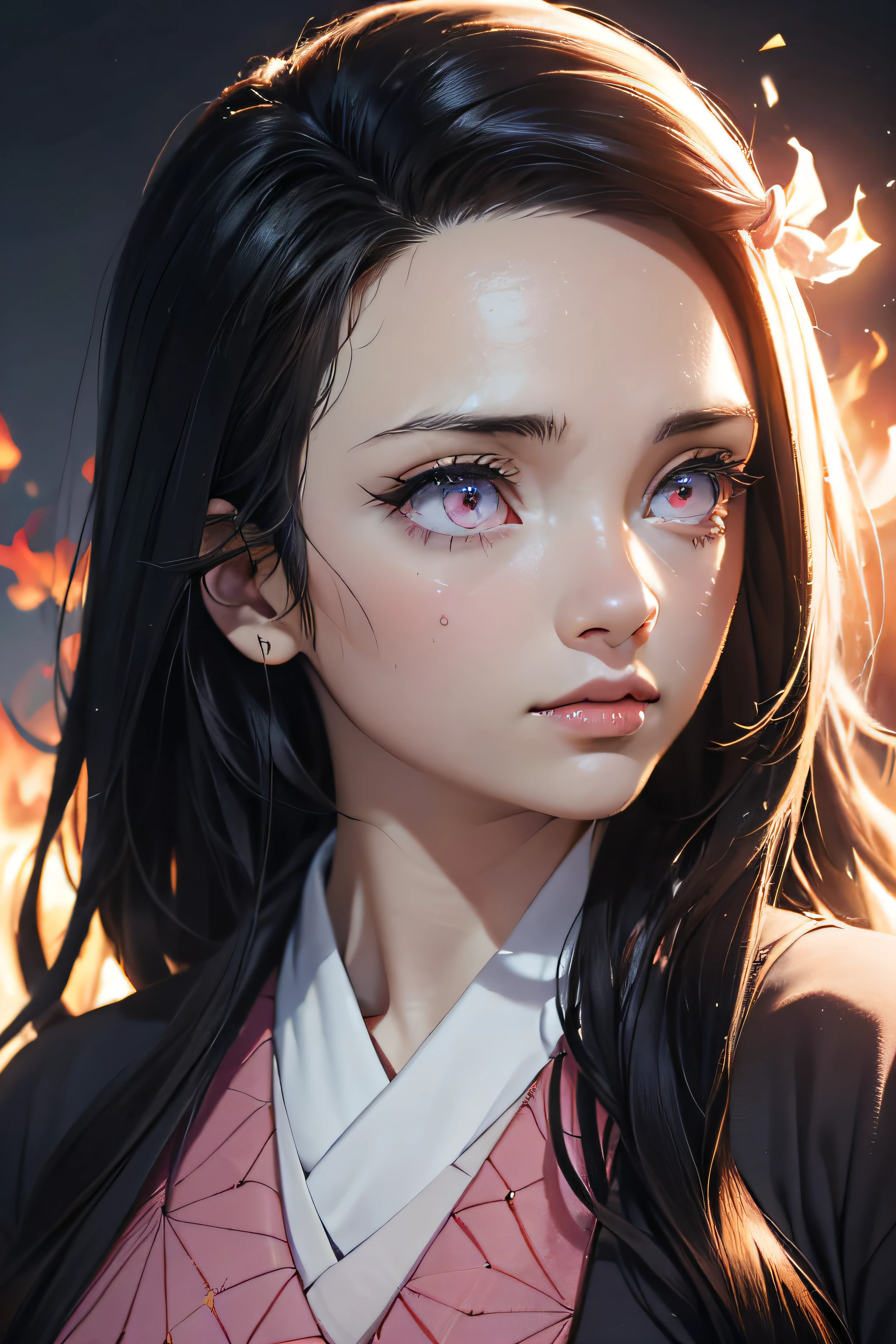 (Ultra Real), (Illustration), (High Resolution), (8K), (Very Detailed), (Best Illustration), (Beautiful Detailed Eyes), (Best Quality), (Ultra Detailed), (Masterpiece), (Wallpaper), (Detailed Face), Night Up Upper Body, ,Long Hair,Solo,Simple Kimono Top Girl, Sweaty, Japan Person, Big Tits, (fire) Nezuko Kamado,