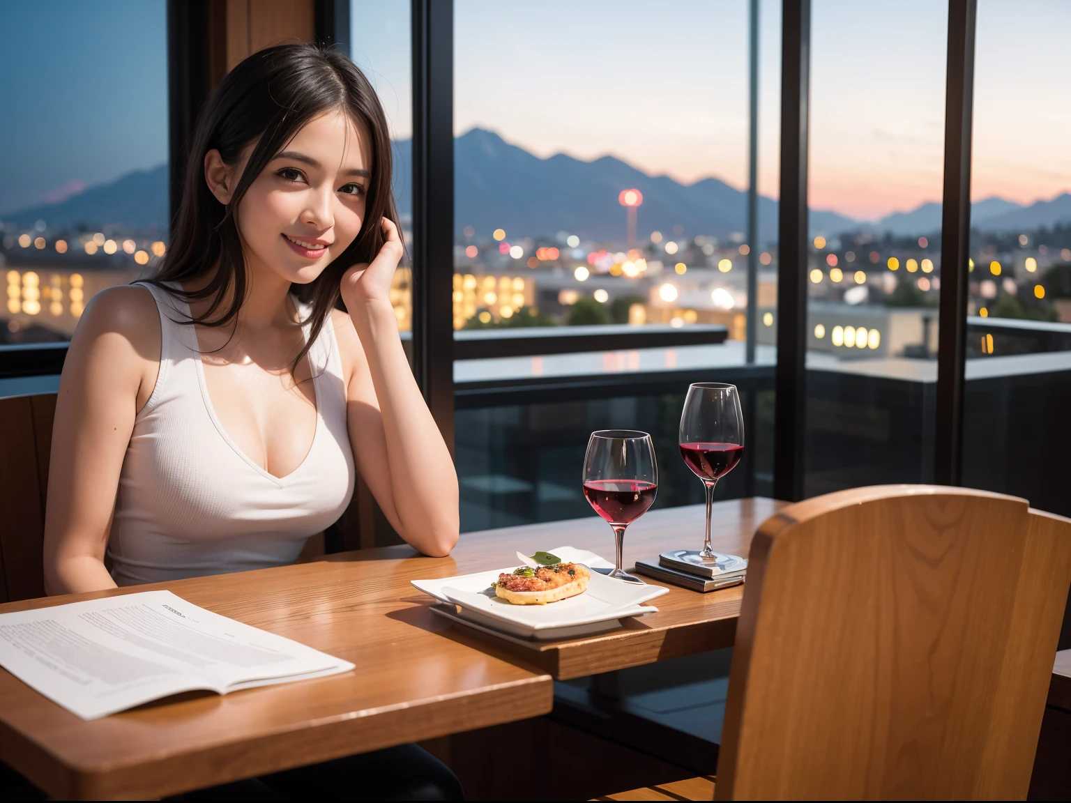 (64K, UHD, top quality, masterpiece: 1.2), (realistic, photorealistic: 1.37), super detailed, pretty woman 1 person, (slim face), (slim body), (brown hair), (short cut), cheeks slightly blushing, (35 years old), 38 years old, solo, beautiful detailed urban night view outside the window, restaurant, wine glasses sit, at night, in a prominent place (from the waist up) NovaFrogStyle, Actress, Model, Waist Up, White Wine, Slim, Wine Glass, Super Clean Night View, Wine Glass Put in the Middle, Happy Smile, (Smile: 1.15), Beautiful Fine Eyes, Upper Body, Bust Japan Up, Night, Short, Short, Actress, Model, Waist Up, White Wine, Slim, Wine Glass, Super Clean Night View, Wine Glass Put in the Middle, Happy Smile,