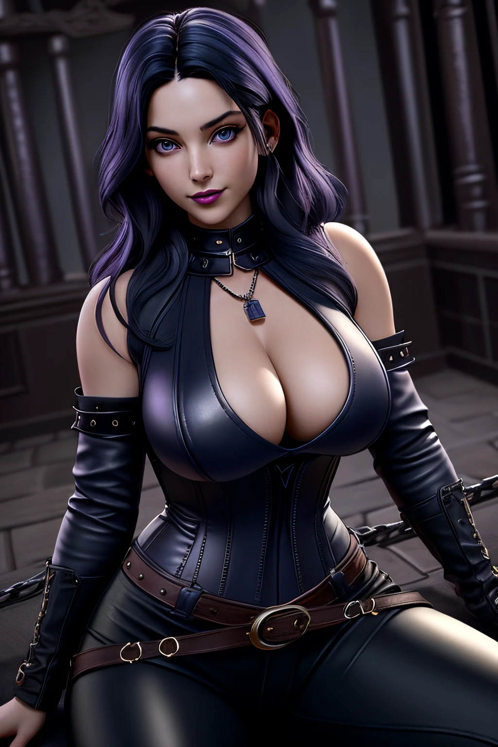 close up 1girl in, 20years, Solo, Aesthetic artwork, long dark blue hair, thick dark blue hair, light blue eyes, clear skin, pale skin, massive breasts, DD-Cup, cleavage, fit body, (round hips, thin waist: 1.25), (Sirius face, dark lipstick, mischievous smile:1.1), key necklace, (wearing leather corset purple, bare shoulders, leather pants:1.1), (action shot, laying down:1.25), (background, dark dungeon, cage bars:1.13), 4k textures, dark light, RAW intricate, elegant, highly detailed, sharp focus, ((((cinematic look)))), insane details, intricate details, hyperdetailed, low contrast, hard cinematic light, dim colors, exposure blend, hdr, faded