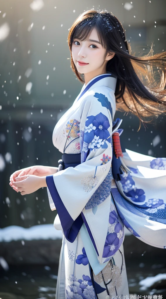 ((Kimono))、(full body Esbian)、(top-quality,​masterpiece:1.3,超A high resolution,),(ultra-detailliert,Caustics),(Photorealsitic:1.4,RAW shooting,)Ultra-realistic capture,A highly detailed、 Skin texture is natural、25-years old、The skin looks healthy with an even tone、 Use natural light and color、One Woman,japanes、A dark-haired,Middle hair,、(Falling snow:1.1)、(Hair swaying in the wind:1.3)、(Snow reflects light)、Light in the eyes、Looking at the camera