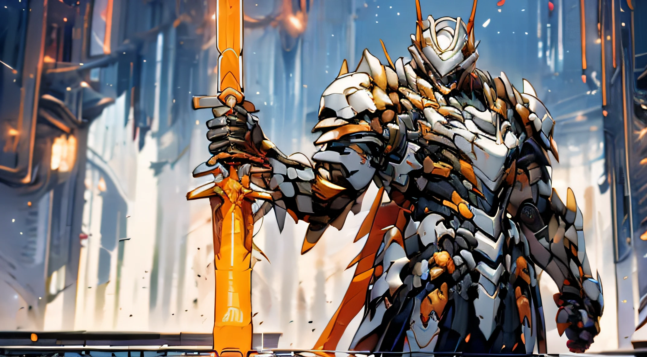 (The character is a young man, short silver hair, wearing golden armor with an energy core in the chest), (the armor has many layers, the body is clearly visible),