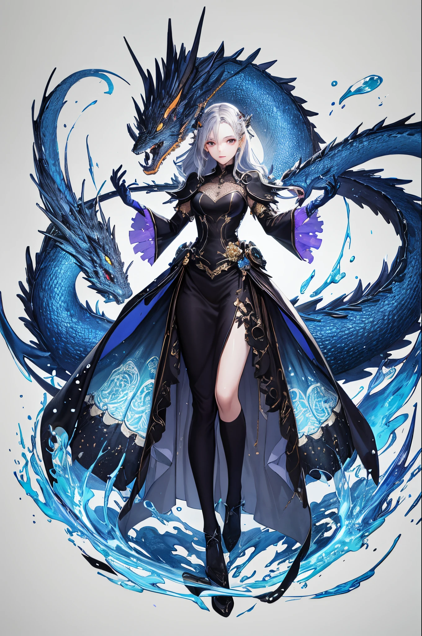 ultra-detailliert、anime illustrated、2D Beautiful Girl、top-quality、Top image quality、masterpiece、超A high resolution、android beautiful girl、sixteen years old, Glowing blue cyber suit,Silvery long-haired、Red eyes、A slender、The face is depicted in detail、The eyes are very detailed、The clothes are also depicted in detail、Being hit by the rain、hiquality、Beautiful Art、Fantastic Universe、Elaborate design、soio、ancient dragon goddess、animesque、illustratio、Full body front
