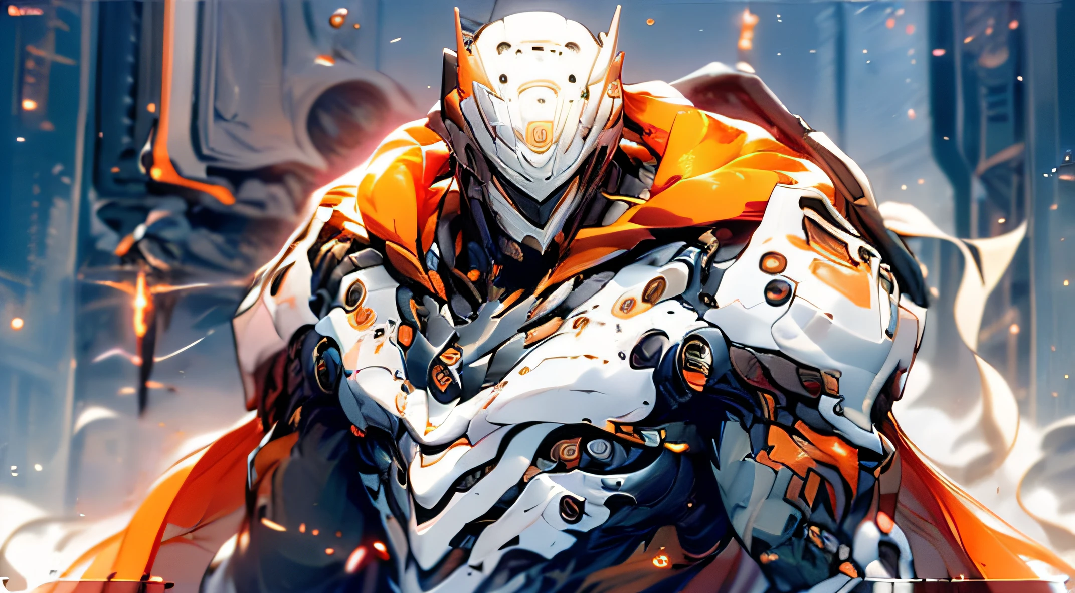 (The character is a young man, short silver hair, wearing golden armor with an energy core in the chest), (the armor has many layers, the body is clearly visible),