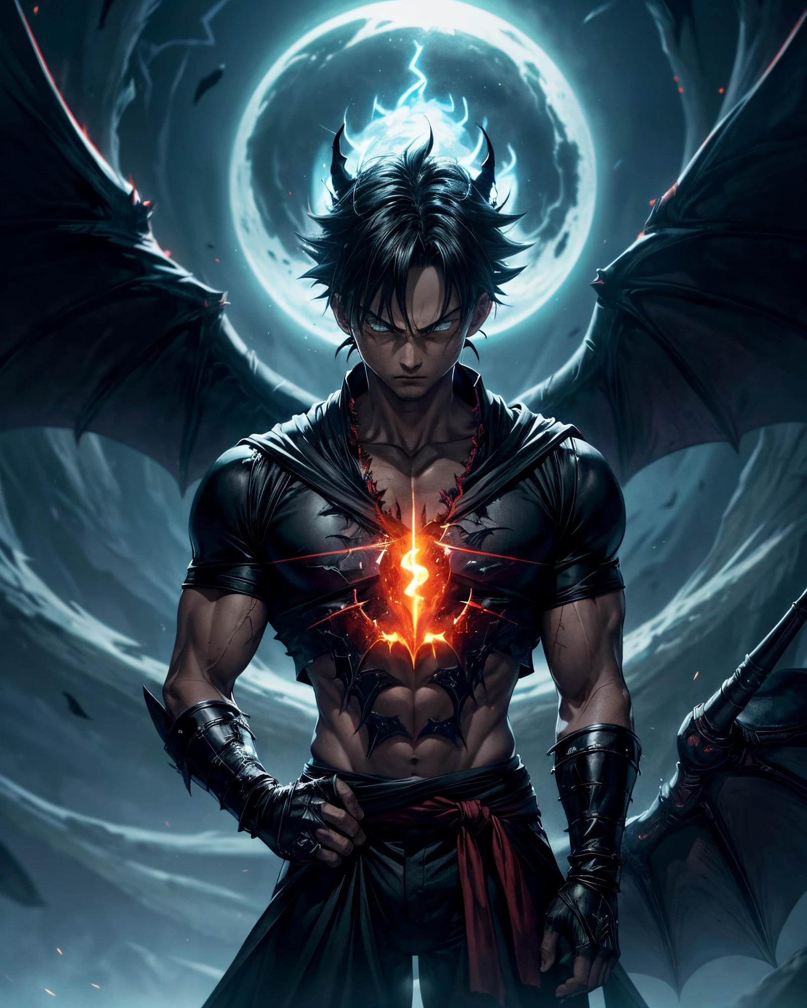 a demon,personagem masculino sozinho estilo super Saiyajin. the body is lean, com um rosto estilo Super Saiyajin, Cabelos prateados, arms with black stripes, e olhos transformados em Super Saiyan sem pupilas. shell-like demonic outfits reminiscent of Sparda from Devil May Cry, um brilhante, esfera no peito emite luz. Demonic claws adorn the hands, and the feet have demonic claws with two black wings. Huge demonic wings on the back emit sinister energy, cercado por uma aura negra. the background is dark, illuminated only by the realistic flames emanating from the demon, creating a dark and ominous tone, conveying the unstoppable and destructive force of the devil. Artistas Relacionados ao Estilo: ((Akira Toriyama)) ((Tetsuya Nomura)) ((Hideki Kamiya))[sozinho]