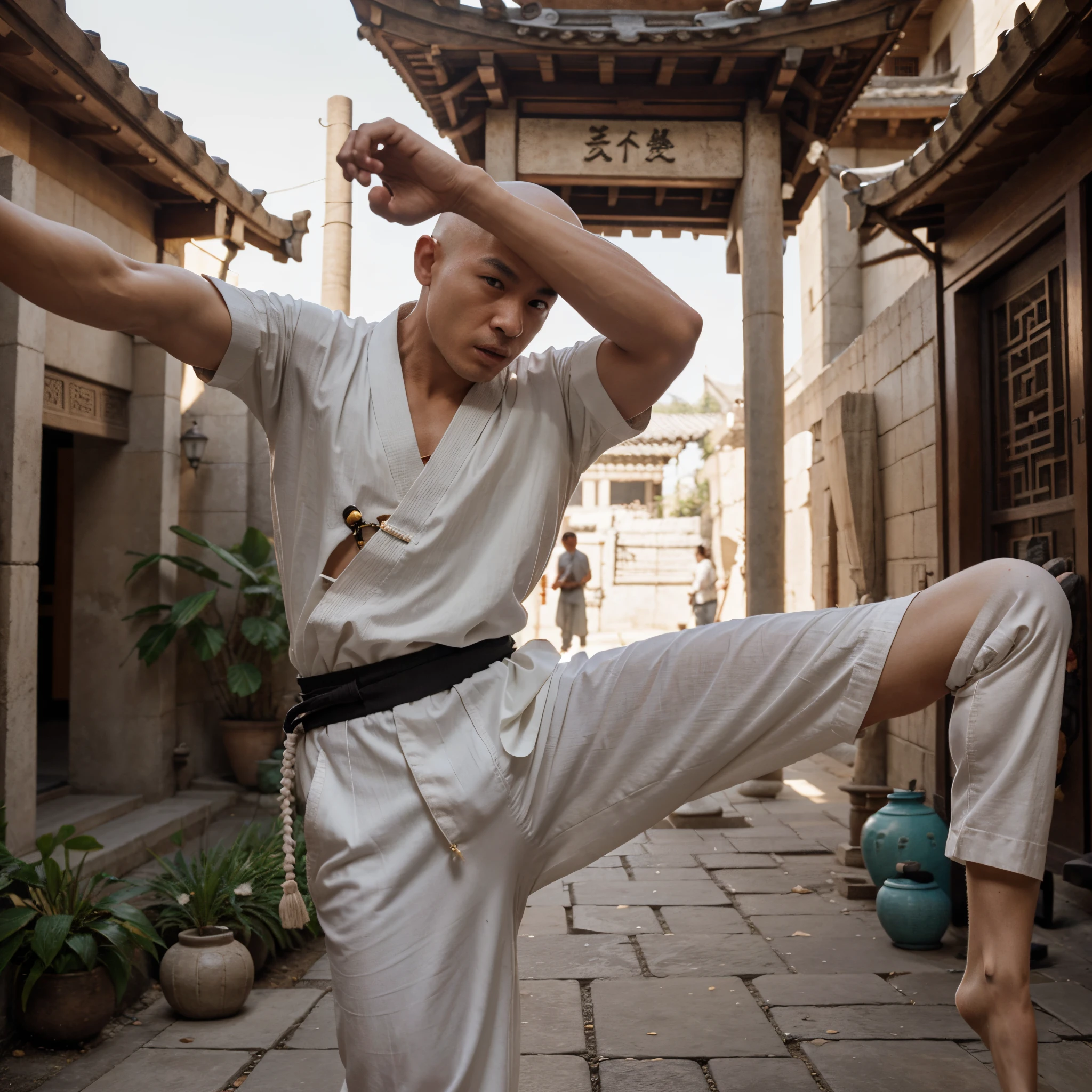 Create an image of a shaolin monk , bald shaven with long braid in the back in fighting postureat nigh in temple courtyard. He is wearing a han shirt with the frog buttons, no sleeves,colo white. He is wearing orance kung fu pants with the shaolin socks. Hyperreal