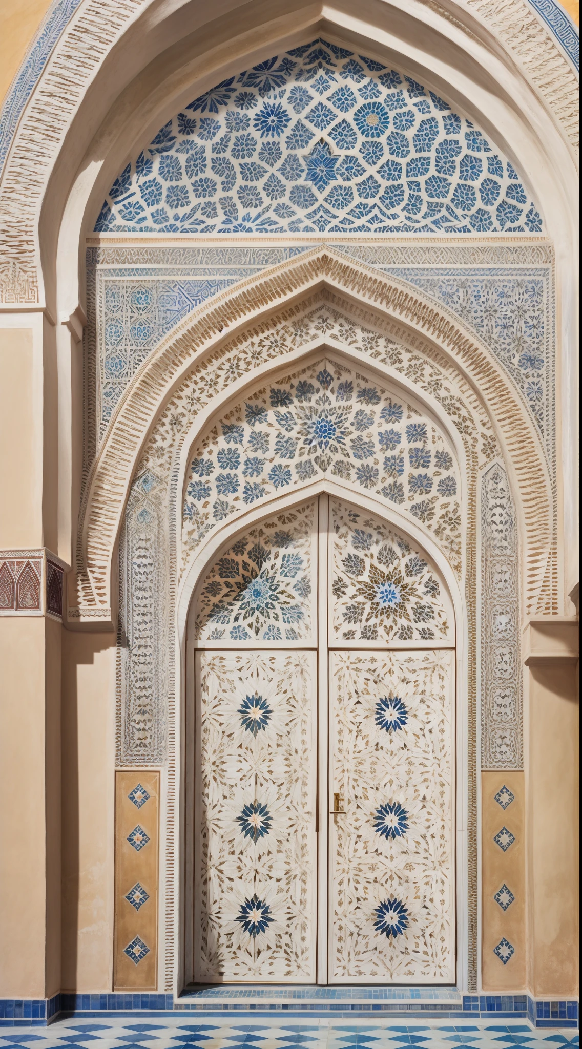 White Moroccan architectural door, Moroccan mosque, Islamic architecture, Moroccan tile arch, white colors，Elegant，Moorish architecture, Inspired by Alberto Morroko, islamic interior design, Arabic architecture, Sophisticated and decorative, complicated decoration, Complex design, complex architecture, Symmetrical and complex, Inside the mosque, mosque, islamic art, Very decorative