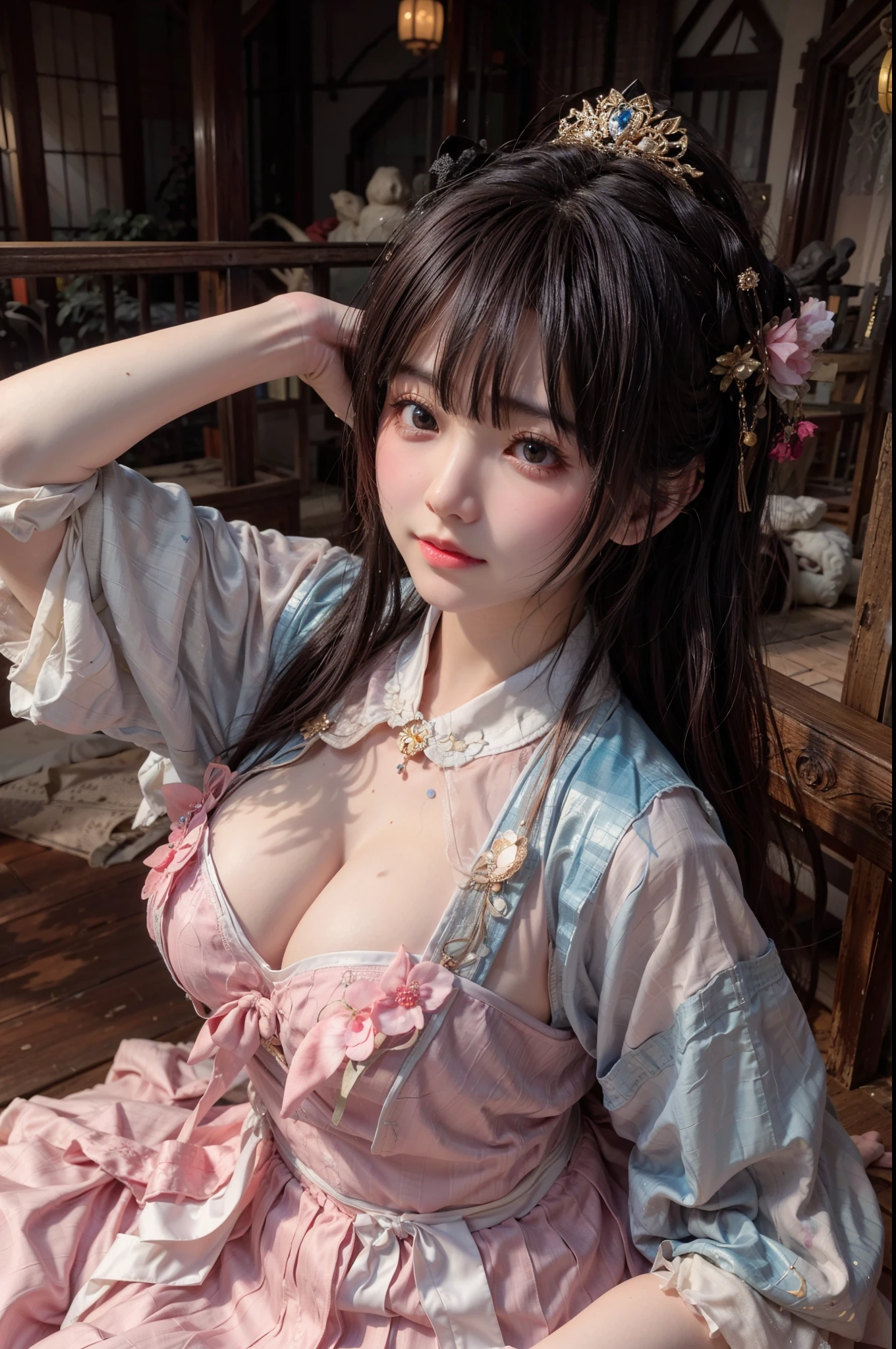 Wet-breasted Hanfu dynasty open V-chested clothes royal, All pictures, Wet body of thin silk fabric, Thin silk lace petticoat,princess 8 yeald old cute, (huge boobs,cleavage),petticoat, white pink, blue ,best qualtiy,tmasterpiece,超高分辨率,(真实感:1.4),RAW photogr,(True skin texture:1.3),(filmgrain:1.3),(Selfie angle),1个Giant Breast Girl,Beautiful eye and face details,tmasterpiece,Best quality at best,exposing thighs,Bigchest,The chest is more exposed, detailed hair,above looking down facing at camera,short dressPrincess Eyes,Super big eyes,Detailed face,shiny pupils, short pink dress, lace petticoat