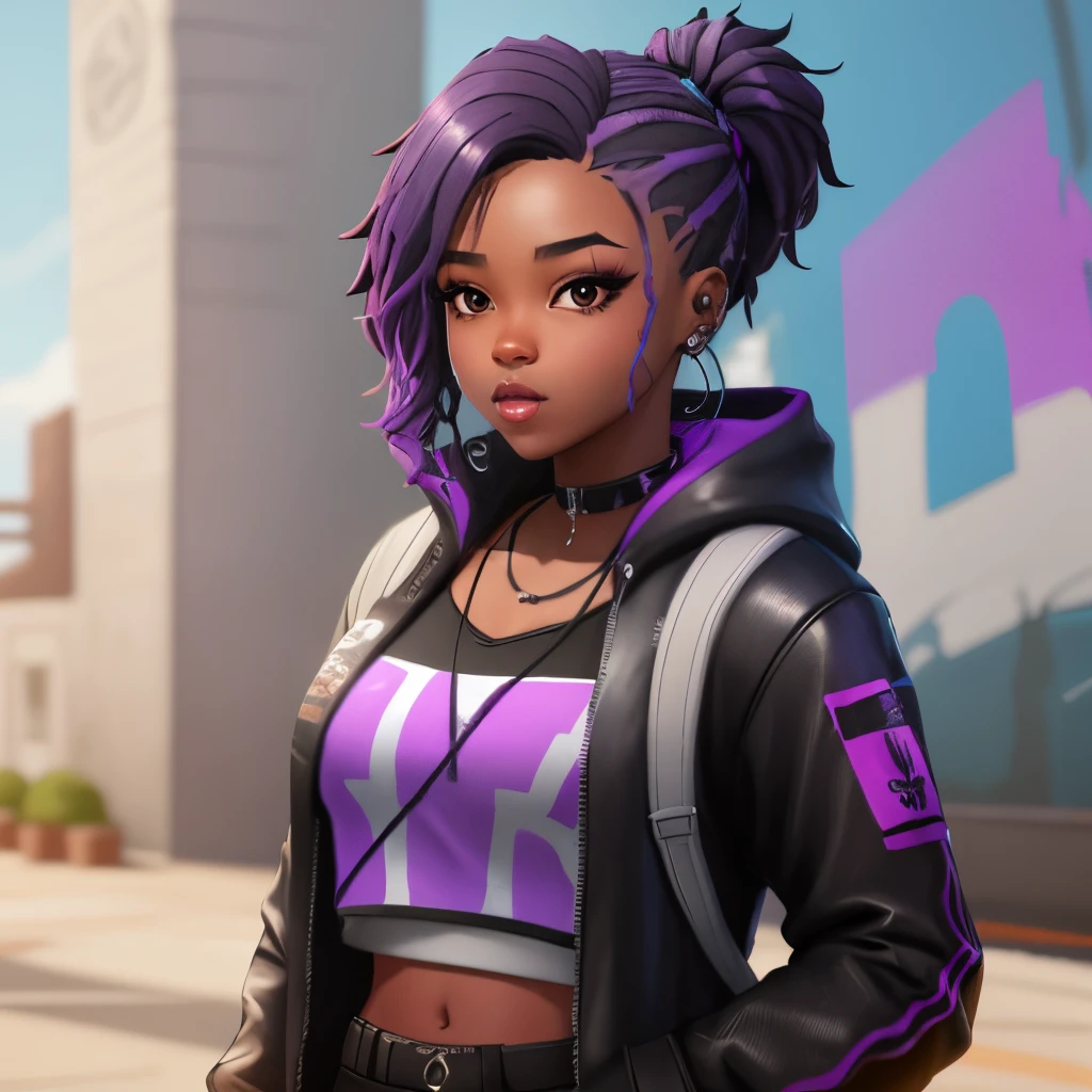 A black Fortnite girl with dark purple hair and rockstar style