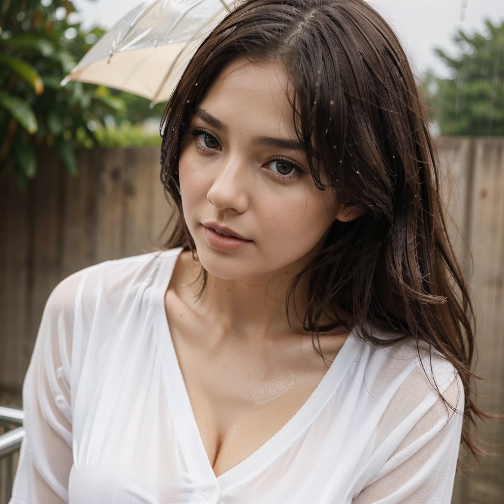 ((highest quality, 8k, masterpiece: 1.3)), sharp: 1.2, Perfect body beauty: 1.4, Slim Abs: 1.2, ((Layered Hairstyles, Big Breasts: 1.2)), (Wet White Button Long Shirt: 1.1), (rain, street: 1.2), Wet: 1.5, Highly detailed face and skin texture, Fine grain, double eyelid, Profile looking at the camera,naked
