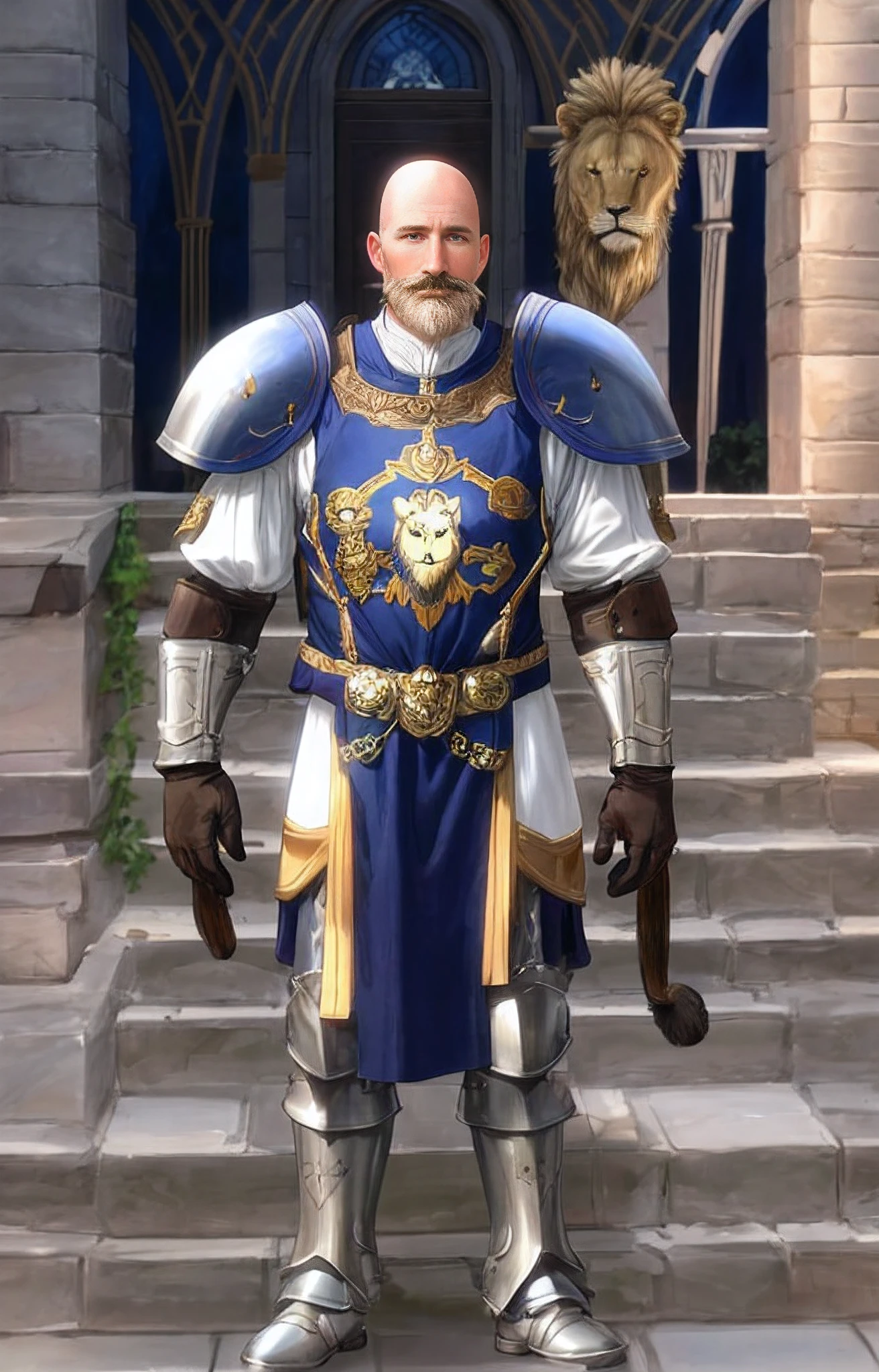 bald man, 50 years old, light brown mustache, white and blue armor, tabard with a lion's head design, calcha gloves, stone steps, stone building, fantasy