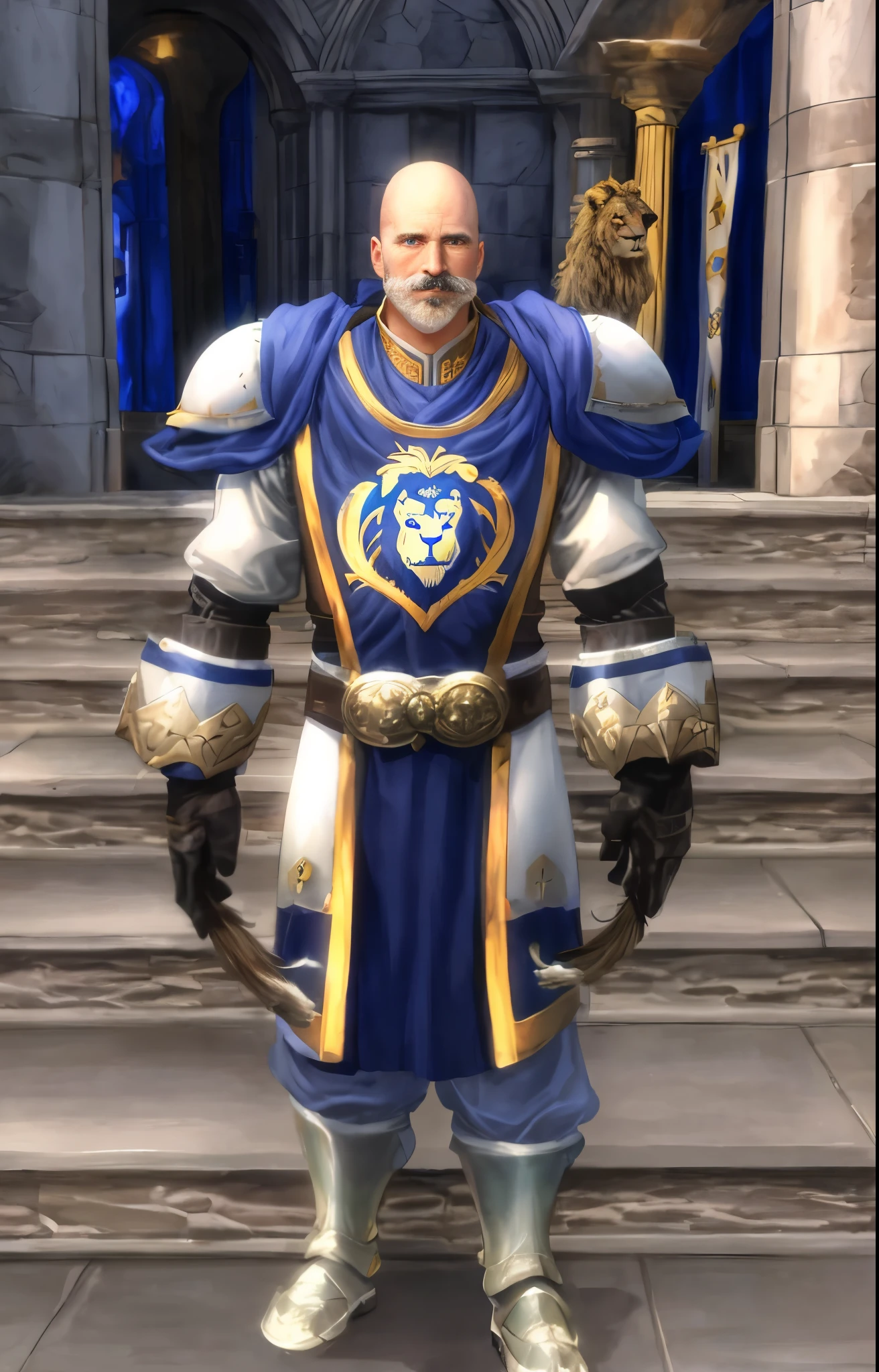 bald man, 50 years old, light brown mustache, white and blue armor, tabard with a lion's head design, calcha gloves, stone steps, stone building, fantasy