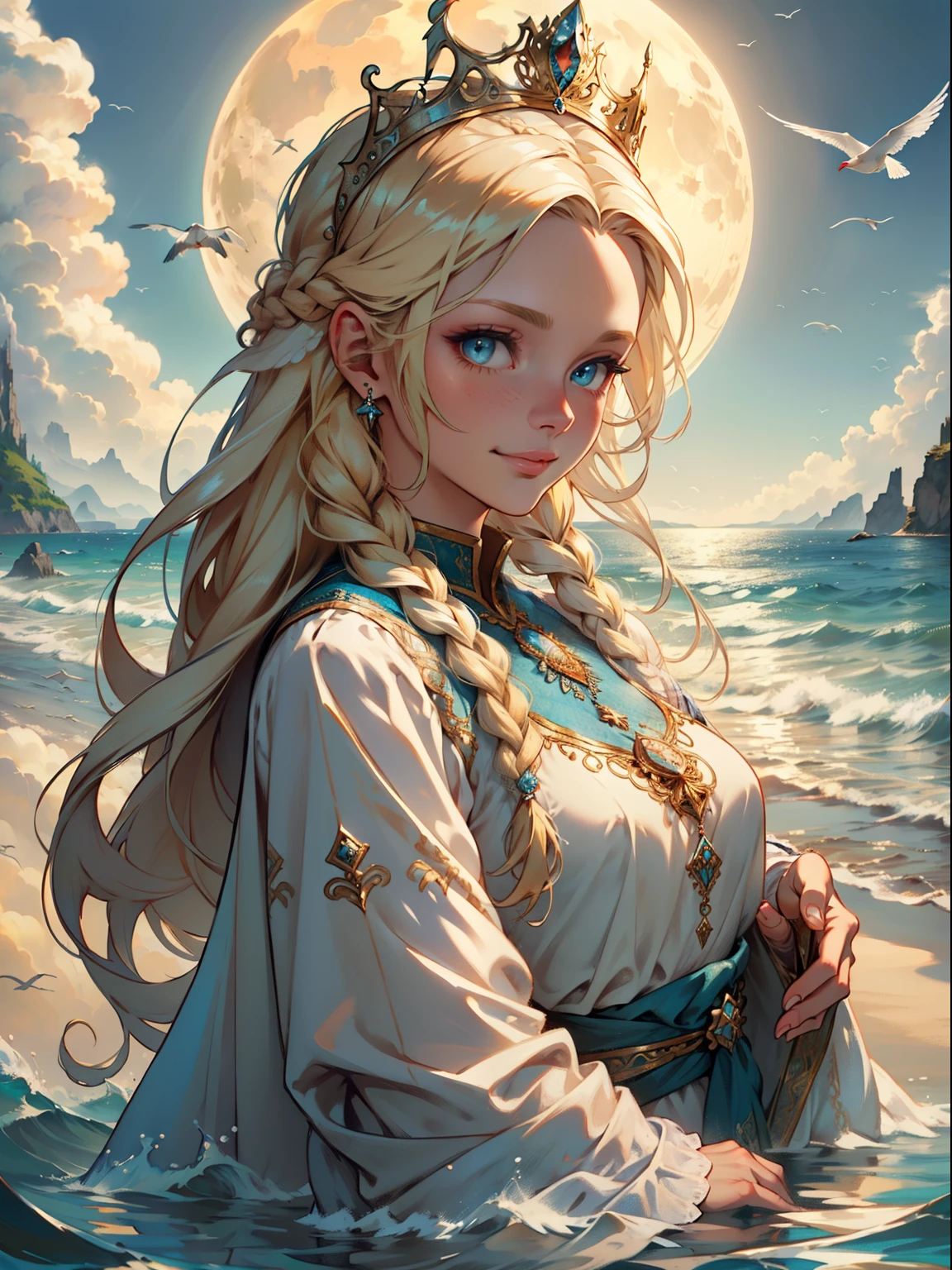 ,((Best quality))),8K,((tmasterpiece)),(Extremely Delicately Beautiful), There was a girl coming out of the sea, Swan princess in Russian mythology, beautiful calm face, eBlue eyes, Long blonde hair braided, Moon braid on back of head, Russian shiny white old clothes,Wearing the Kokosnik Crown, Affectionate look, semi smile, There is a gentle expression on his face, Seascape and sunlight in the background, Seagulls in the sky, whole-length, Endless realism
