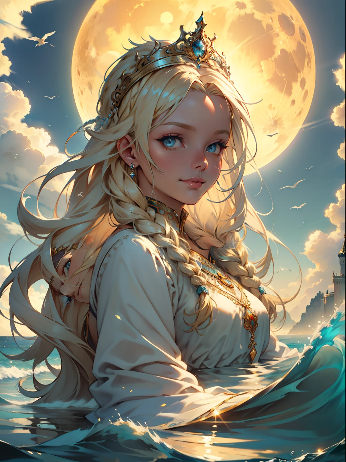 ,((Best quality))),8K,((tmasterpiece)),(Extremely Delicately Beautiful), There was a girl coming out of the sea, Swan princess in Russian mythology, beautiful calm face, eBlue eyes, Long blonde hair braided, Moon braid on back of head, Russian shiny white old clothes，Wearing the Kokosnik Crown, Affectionate look, semi smile, There is a gentle expression on his face, Seascape and sunlight in the background, Seagulls in the sky, whole-length, Endless realism