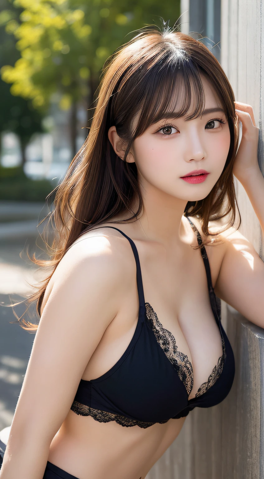 In detail, High resolution, high quality、Perfect dynamic composition, Beautiful attention to detail, Medium Hair,Natural color lip,Kamimei、Shibuya Ward、20-year-old girl、1 person、Clear Skin、Shiny Hair、Tabletop, 最high quality, figure, Super detailed, In detail, High resolution, 8K、The correct state of the human body、Random pose、Sculpture model pose，Hair dancing in the wind、underwear,Hair length,big ，hugeな胸の谷間, Bold sexy pose,huge 、Close-up of face