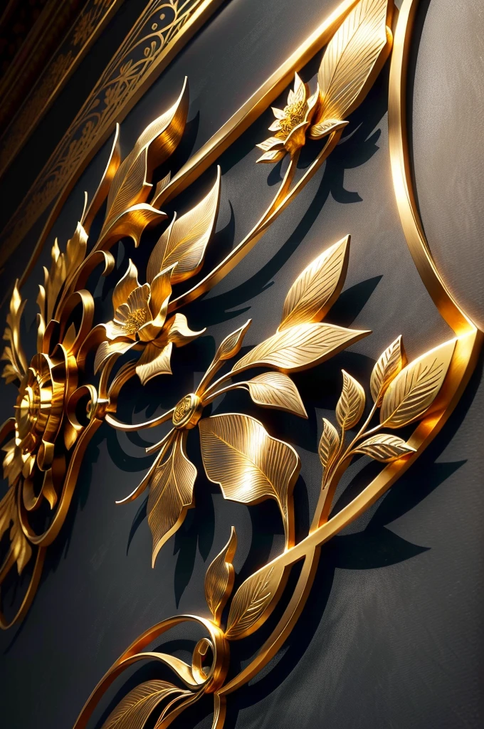 There is a metal wall sculpture with flowers and leaves, decor, Fine details golden strokes, metal art, Gold and steel are intricate, Ultra-fine wire decoration, with intricate detail, with intricate detail, sun light, be full of details, Wall of art, stunning detailed, Intricate art deco leaf design, gold flowers, metalworking, with intricate detail
