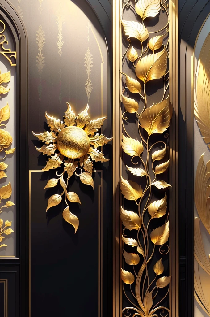There is a metal wall sculpture with flowers and leaves, decor, Fine details golden strokes, metal art, Gold and steel are intricate, Ultra-fine wire decoration, with intricate detail, with intricate detail, sun light, be full of details, Wall of art, stunning detailed, Intricate art deco leaf design, gold flowers, metalworking, with intricate detail
