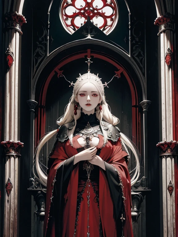 pale young divine gothic priestess, twintails, pure white skin, rust decay, Beautiful full body symmetrical portrait, Delicate blonde hairstyle, crimson eyes, dark red elegant gothic armor, encrusted with red gems, dark cathedral, masterpiece, Highest image quality, super detailing, upscaled, art by Zdzislaw Beksinski, art by H.R. Giger, absurdres, highres, (official art, beautiful and aesthetic:1.2), real, 4k, 8k,