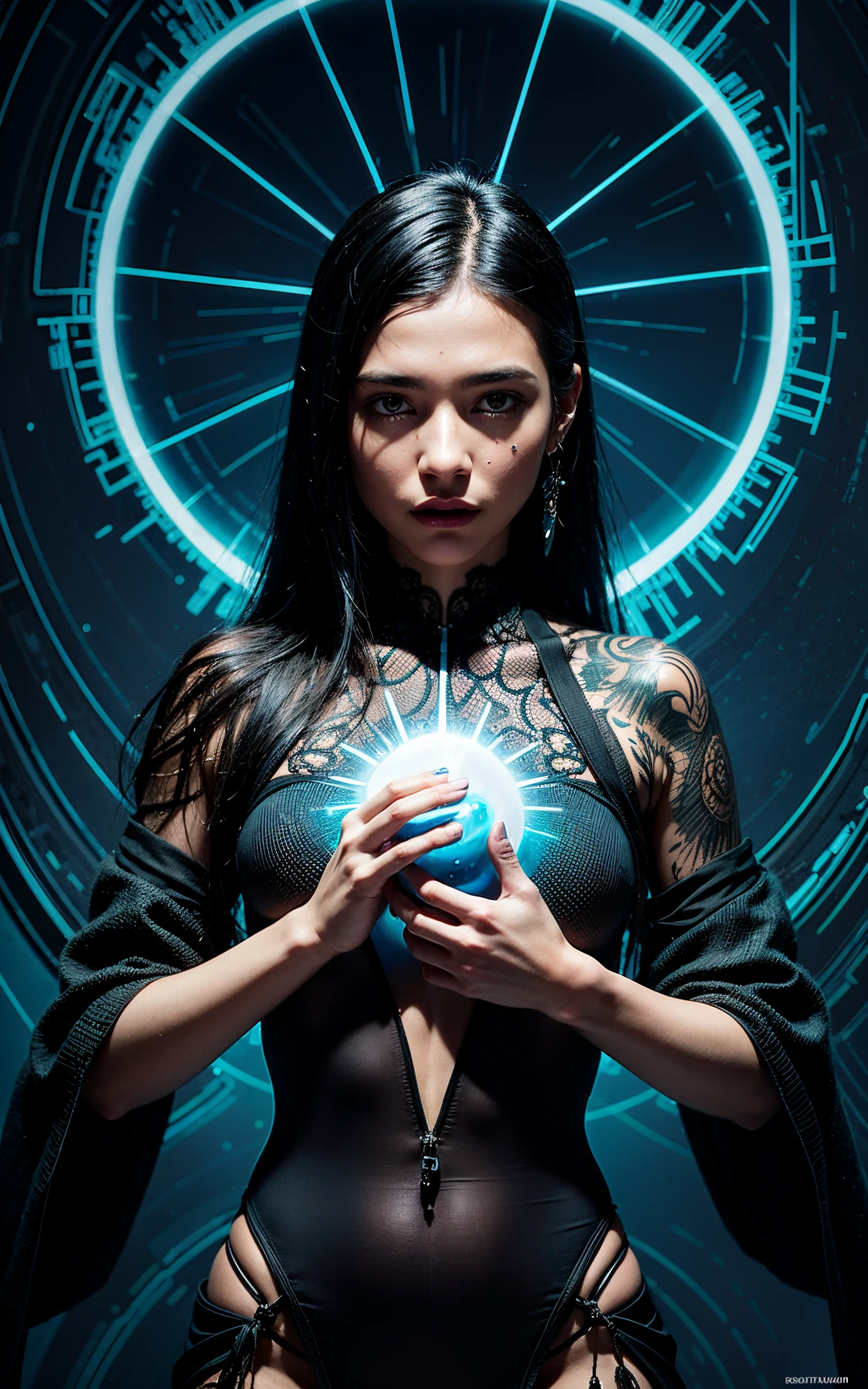ultra-detailed artistic abstract beautiful indigenous woman with long black hair, magic with bioluminescent filigree, geometric photography, 32k fashion abstract poster, detailed symmetrical blue iris, natural body posture by artist russ mills, art by alberto seveso, by Carne Griffiths, by Wadim Kashin, symmetrical, abstract art style, sharp eyes, digital painting, burst of color, concept art , volumetric lighting, by GIlSam-paio octane rendering depicting innovation and truth, 8k, by Lee Jeffries, Alessio Albi, Adrian Kuipers, glamour, intricate detailed environment, lace, smudges , dark background, masterpiece, ornate, depth - studio Gs perfecty.