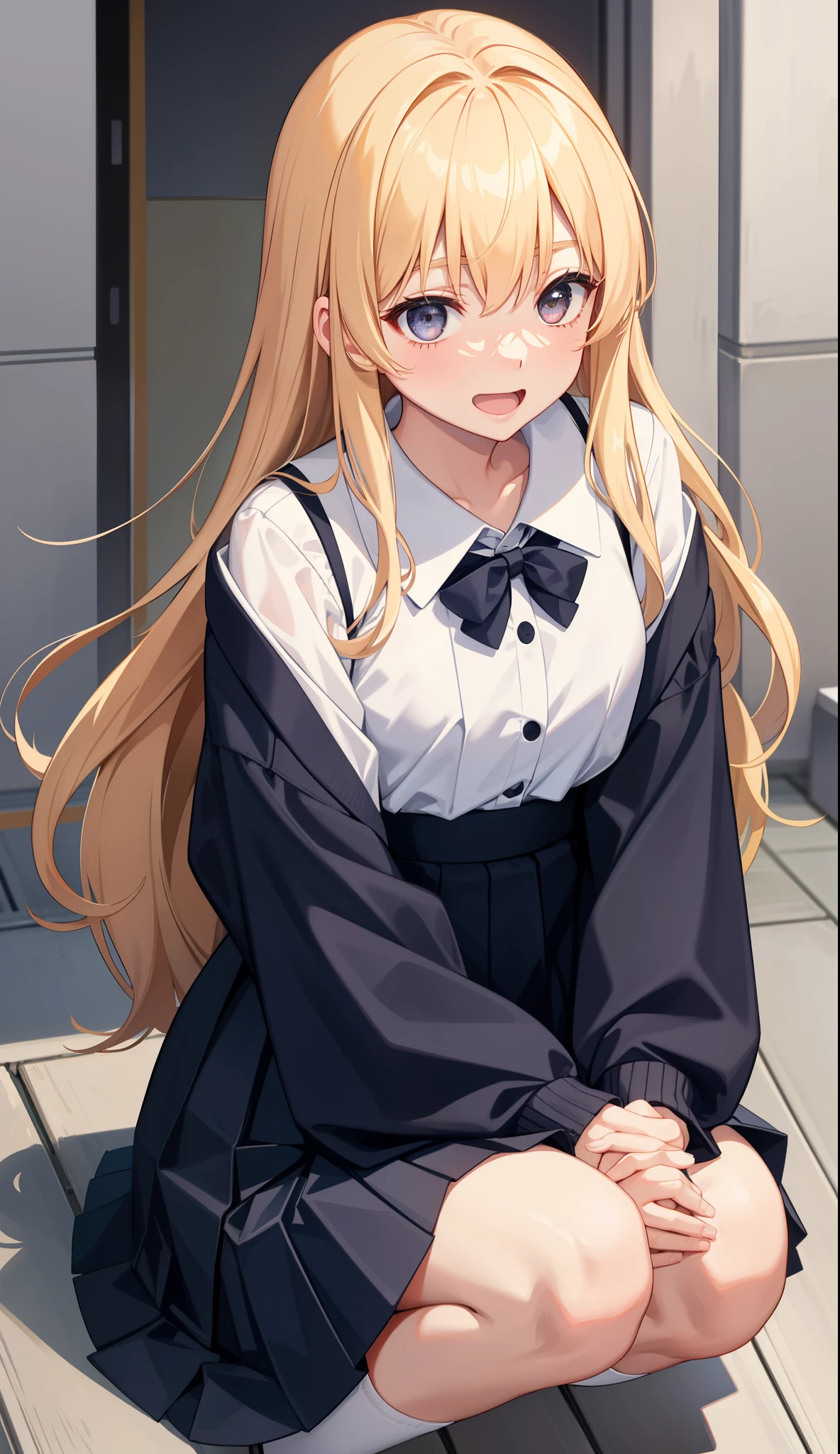 1girl in、AS-Adult、A smile、open open mouth、、be shy、The shirt、skirt by the、（small tits）Japan High School、校服、serafuku、crouching down、Panchira、Upper body portrait、