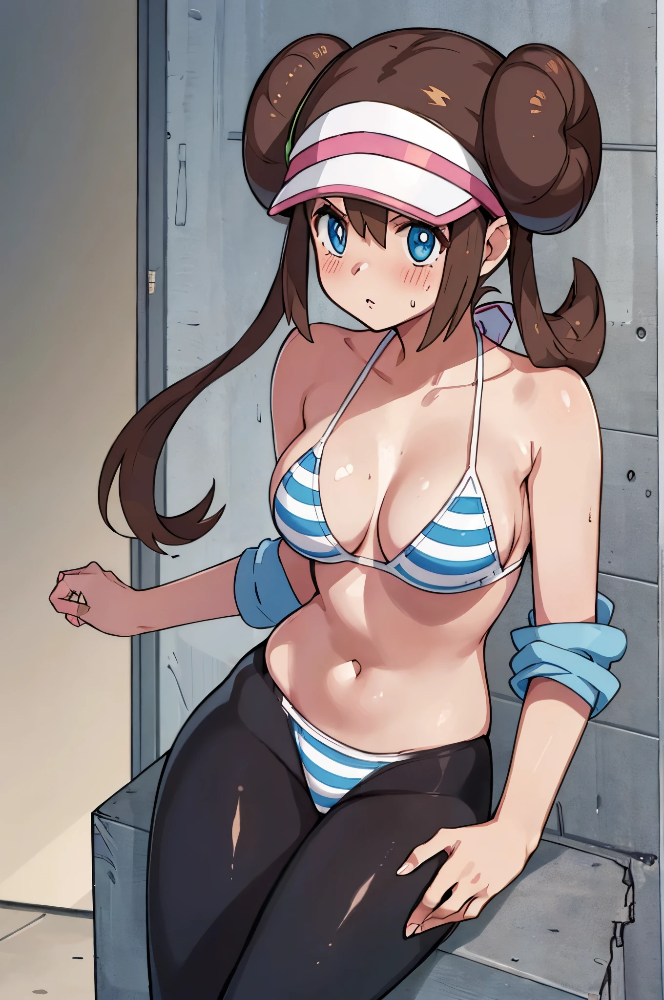 (( 1girl in)), pantyhose, Double bun, Hair bun, Visor Cap, Brown hair, blush, Light blue striped bikini,, Rosa(A pokémon) Clothes