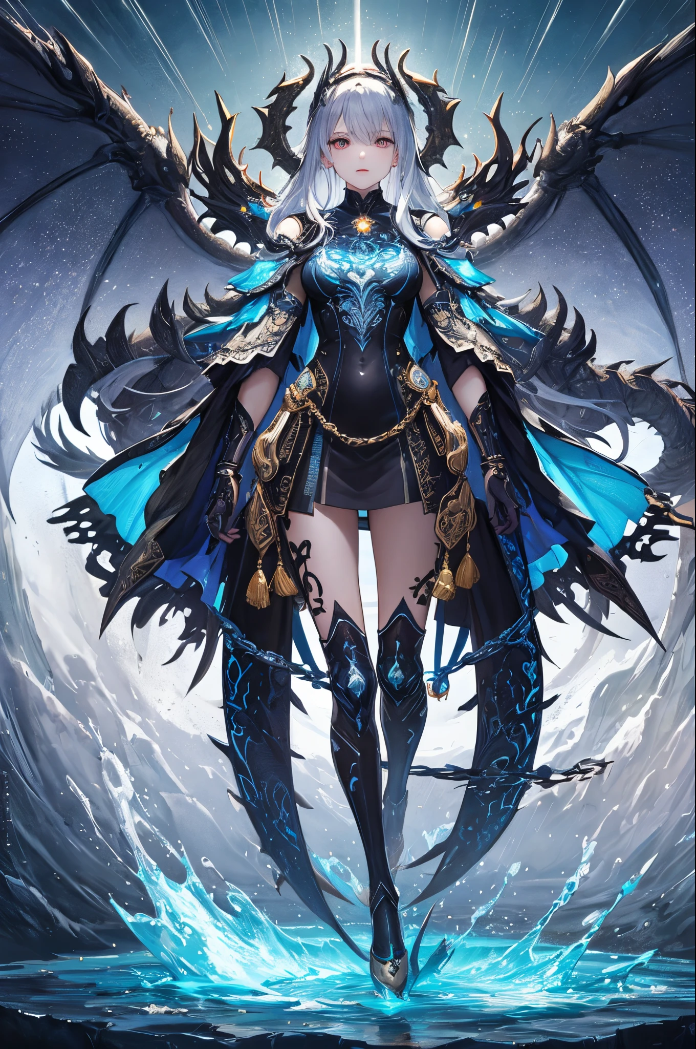 ultra-detailliert、anime illustrated、2D Beautiful Girl、top-quality、Top image quality、​masterpiece、超A high resolution、android beautiful girl、sixteen years old, Glowing blue cyber suit,Silvery long-haired、Red eyes、A slender、The face is depicted in detail、The eyes are very detailed、The clothes are also depicted in detail、Being hit by the rain、hiquality、Beautiful Art、Fantastic Universe、Elaborate design、soio、ancient dragon goddess、animesque、illustratio、Full body front