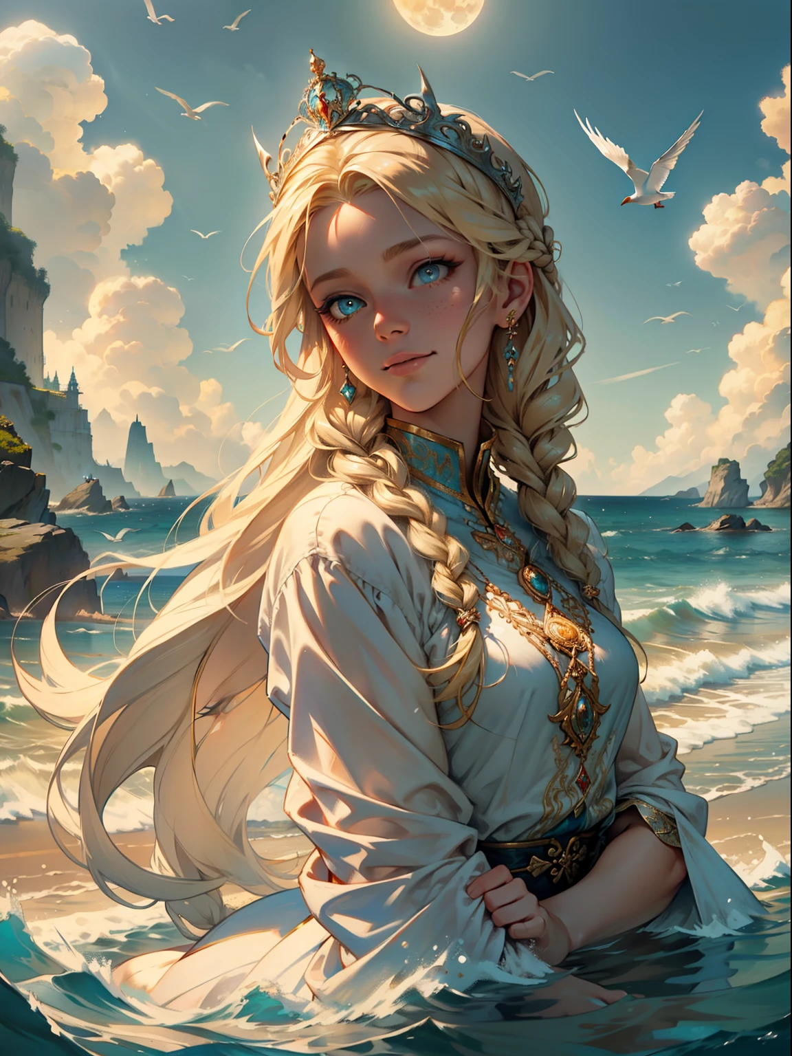 ,((Best quality))),8K,((tmasterpiece)),(Extremely Delicately Beautiful), There was a girl coming out of the sea, Swan princess in Russian mythology, beautiful calm face, eBlue eyes, Long blonde hair braided, Moon braid on back of head, Russian shiny white old clothes，Wearing the Kokosnik Crown, Affectionate look, semi smile, There is a gentle expression on his face, Seascape and sunlight in the background, Seagulls in the sky, whole-length, Endless realism